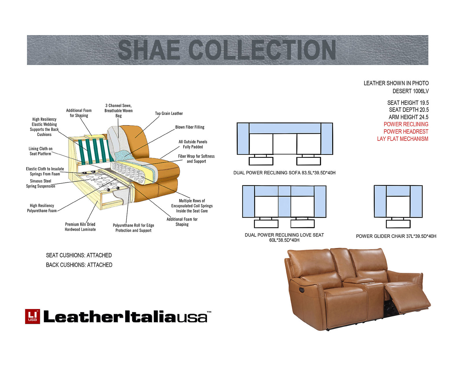 Portland Leather Power Headrest Power Reclining Sofa