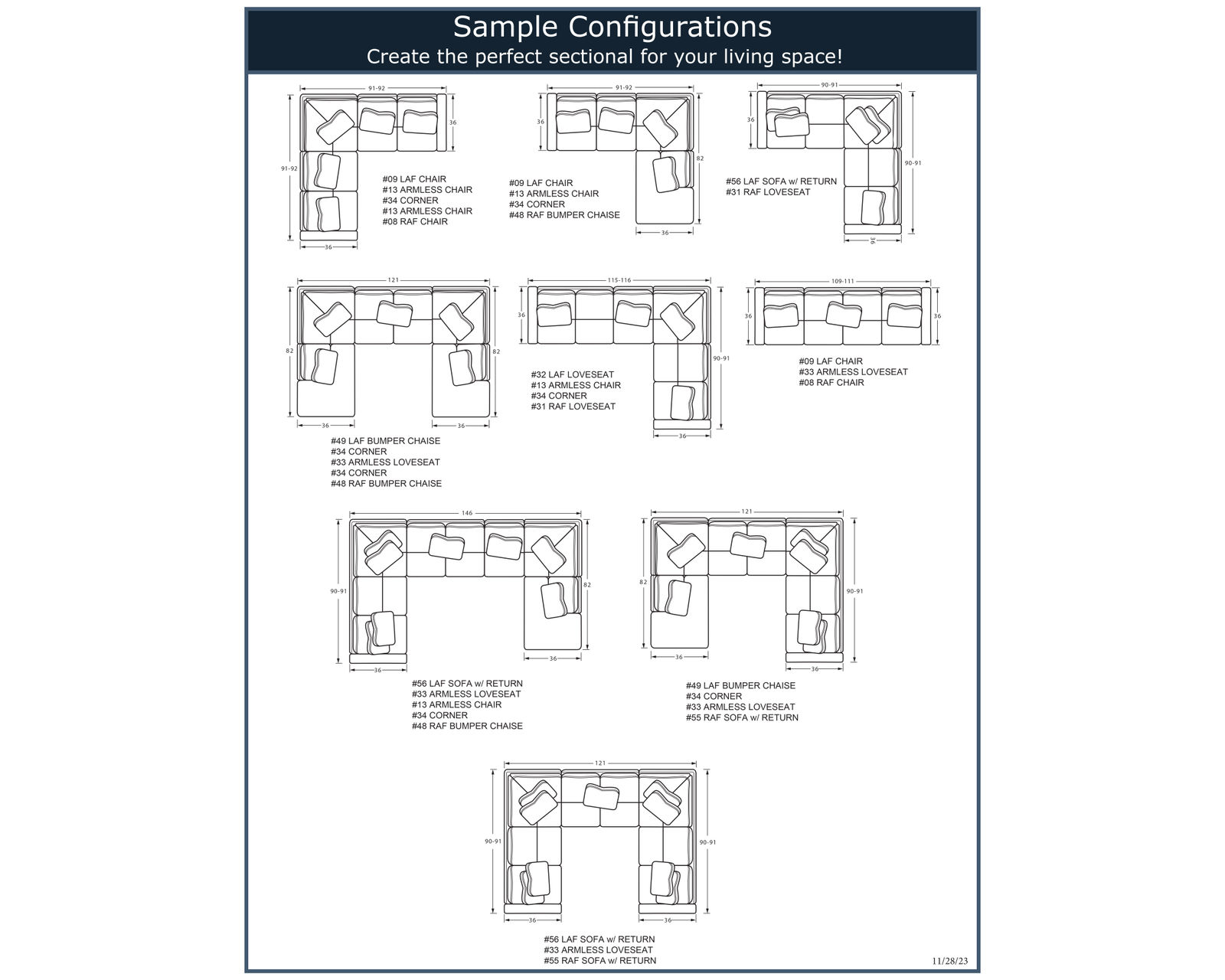Clinton 7380 Sectional (+100 performance fabrics) - Suggested sectional configurations