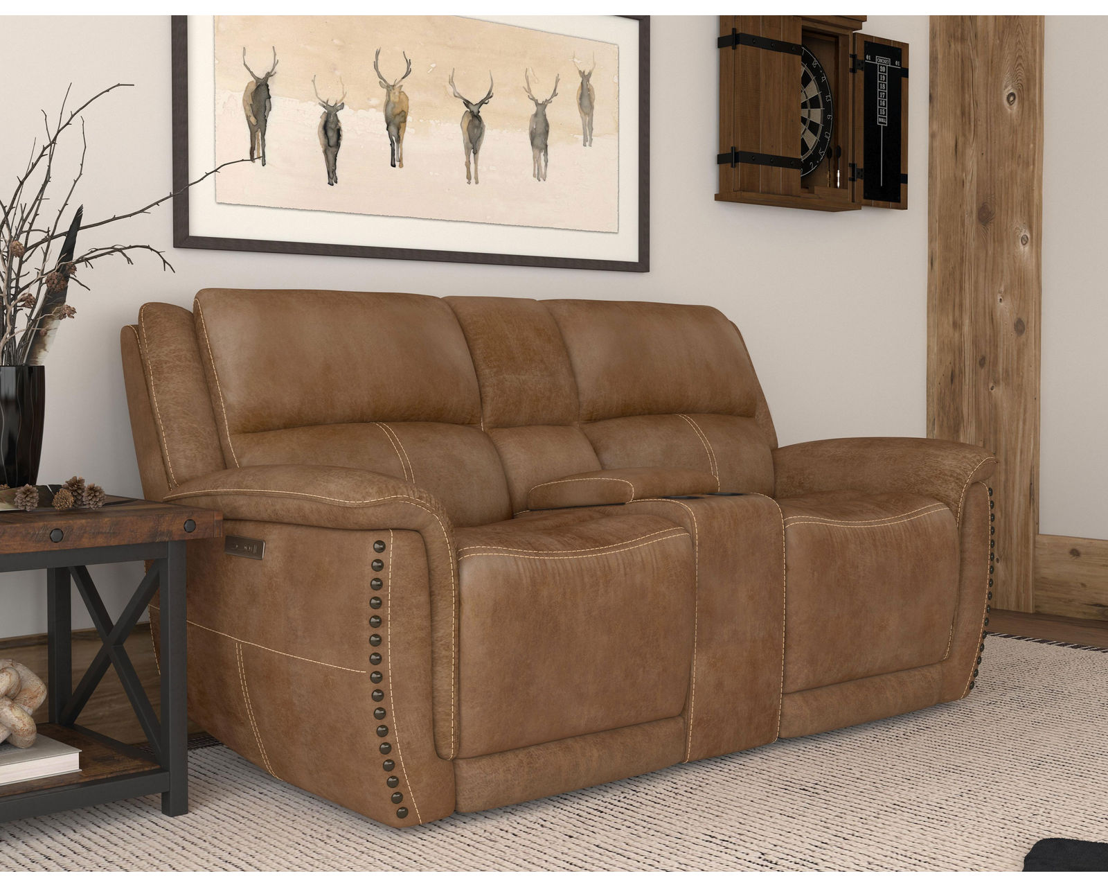Beau 1011 Power Headrest Power Reclining Console Loveseat (Caramel faux leather fabric) in stock - Beau Power Reclining Loveseat with Console & Power Headrests