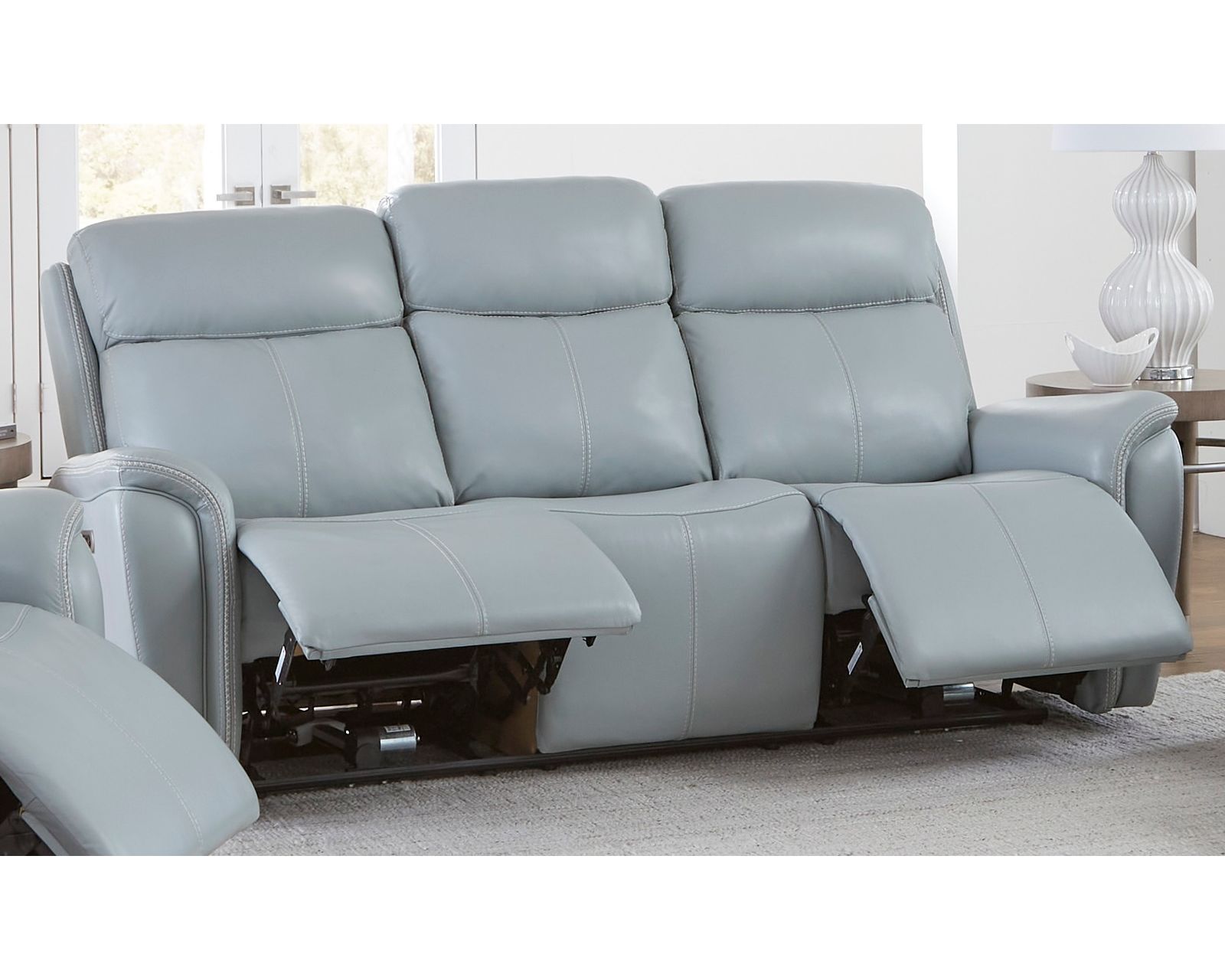 Cascade 83" Power Headrest Power Leather Reclining Sofa Seamist (In stock - Fast Shipping) - Cascade Power Headrest Power Reclining Sofa