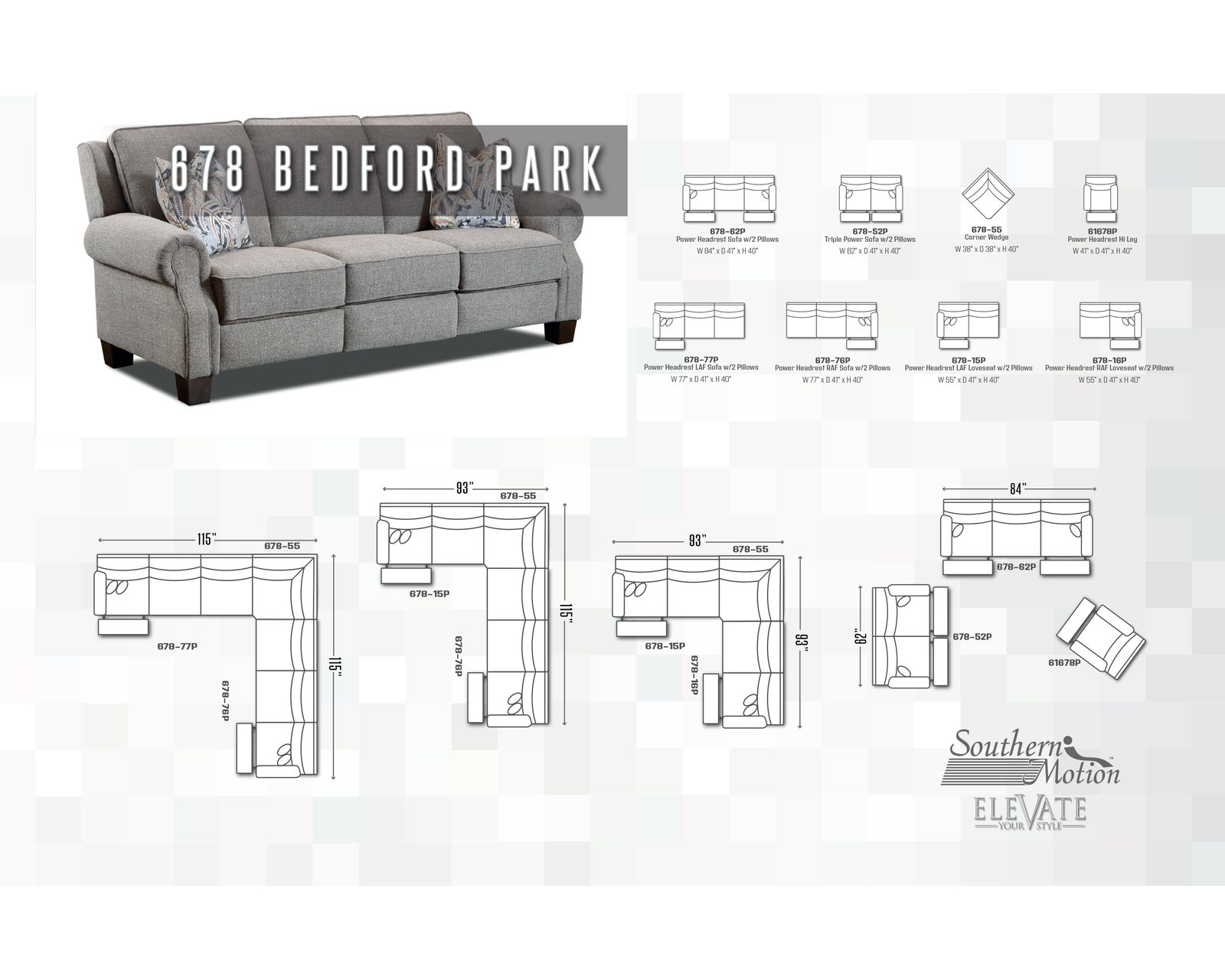Bedford Park 678 Power Headrest Power Reclining Sectional (+140 colors) - Pieces Available