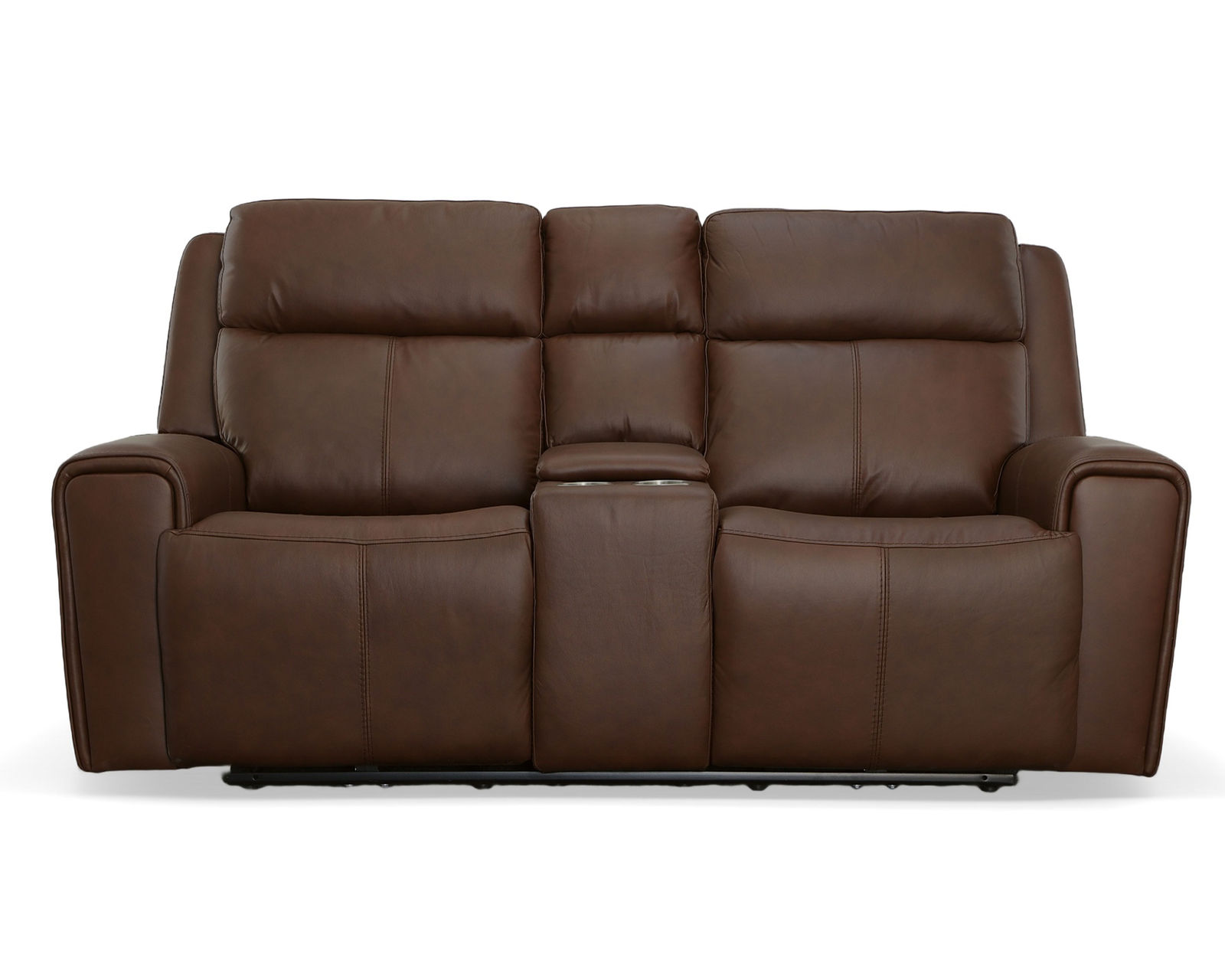 Barnett Power Reclining Loveseat with Console and Power Headrests and Lumbar (Chocolate leather) in stock