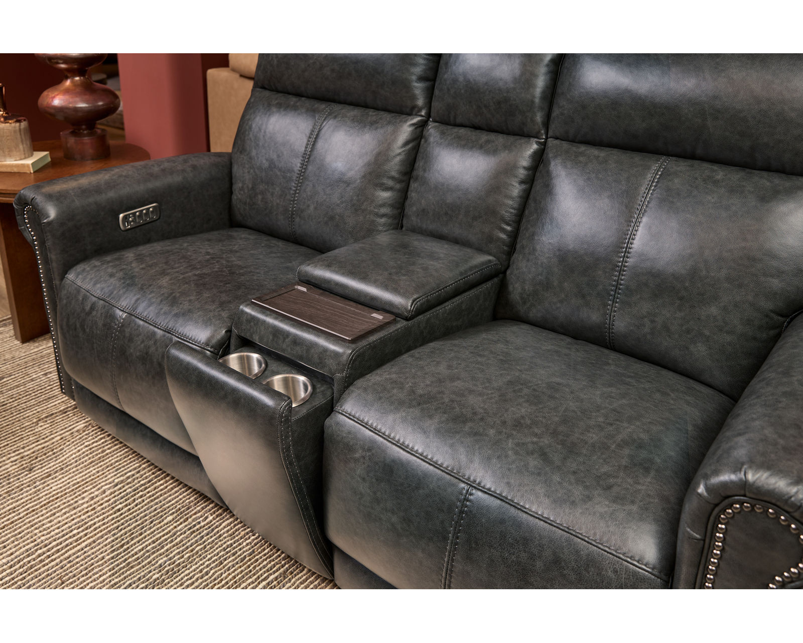 Alexander 1645 Triple Power Reclining Console Loveseat 706-71 (76") 2 colors - in stock - Center storage console with USB-A and USB-C ports, wireless charging platformPower control that adjusts the recline, headrest and lumbar support