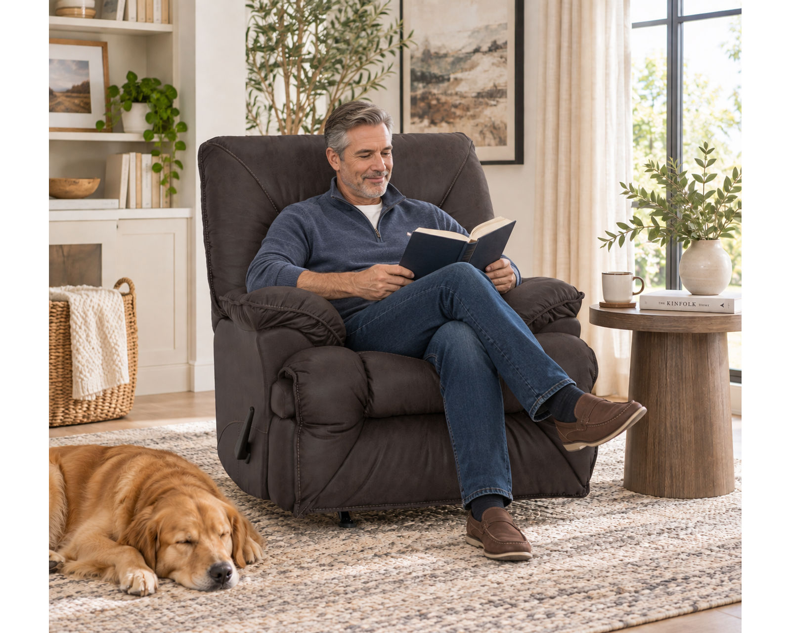 Henson 91" Reclining Sofa with Drop-Down Center Table (Casual Comfort. Everyday Convenience. Built for Real Life) - Shown in Durable Leather Like Fabric Color Shadow