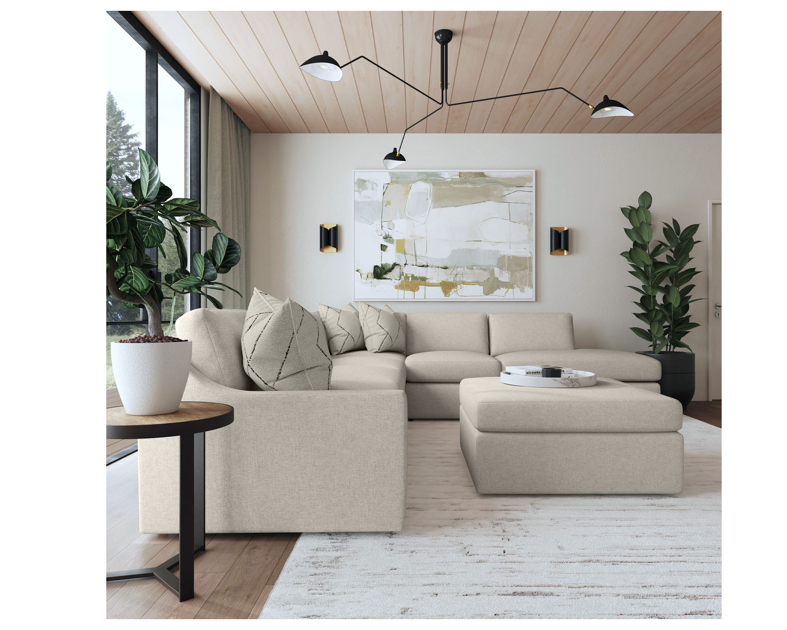 Sky 5510 Sectional (hypoallergenic down-like cushion) +100 fabric - Layout H: Five Piece Sectional 134" x 120" with Square Cocktail Ottoman
