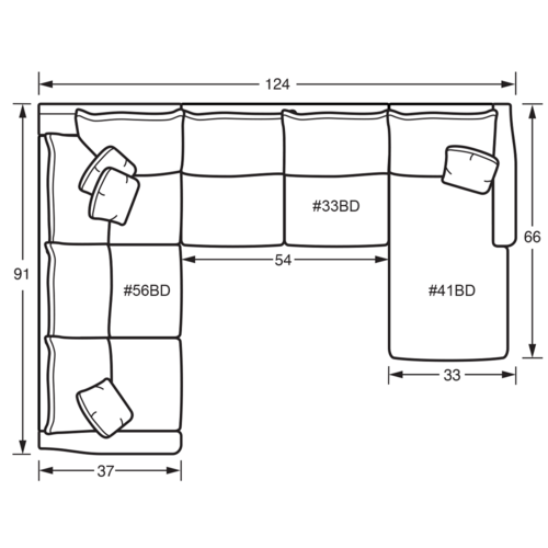 Layout G: Three Piece Sectional 91" x 124" x 66"