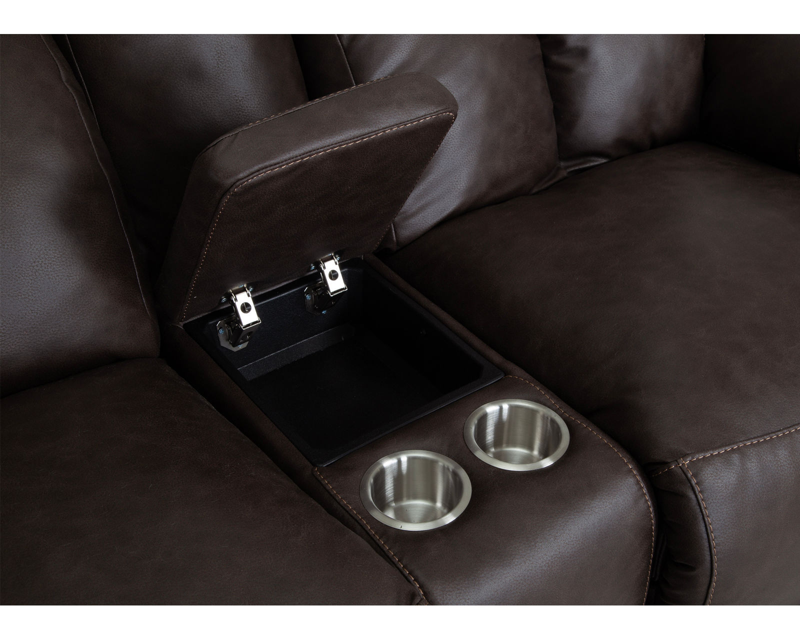 Warner 653 Reclining Sofa Coffee (90") - Center console includes storage and cupholders