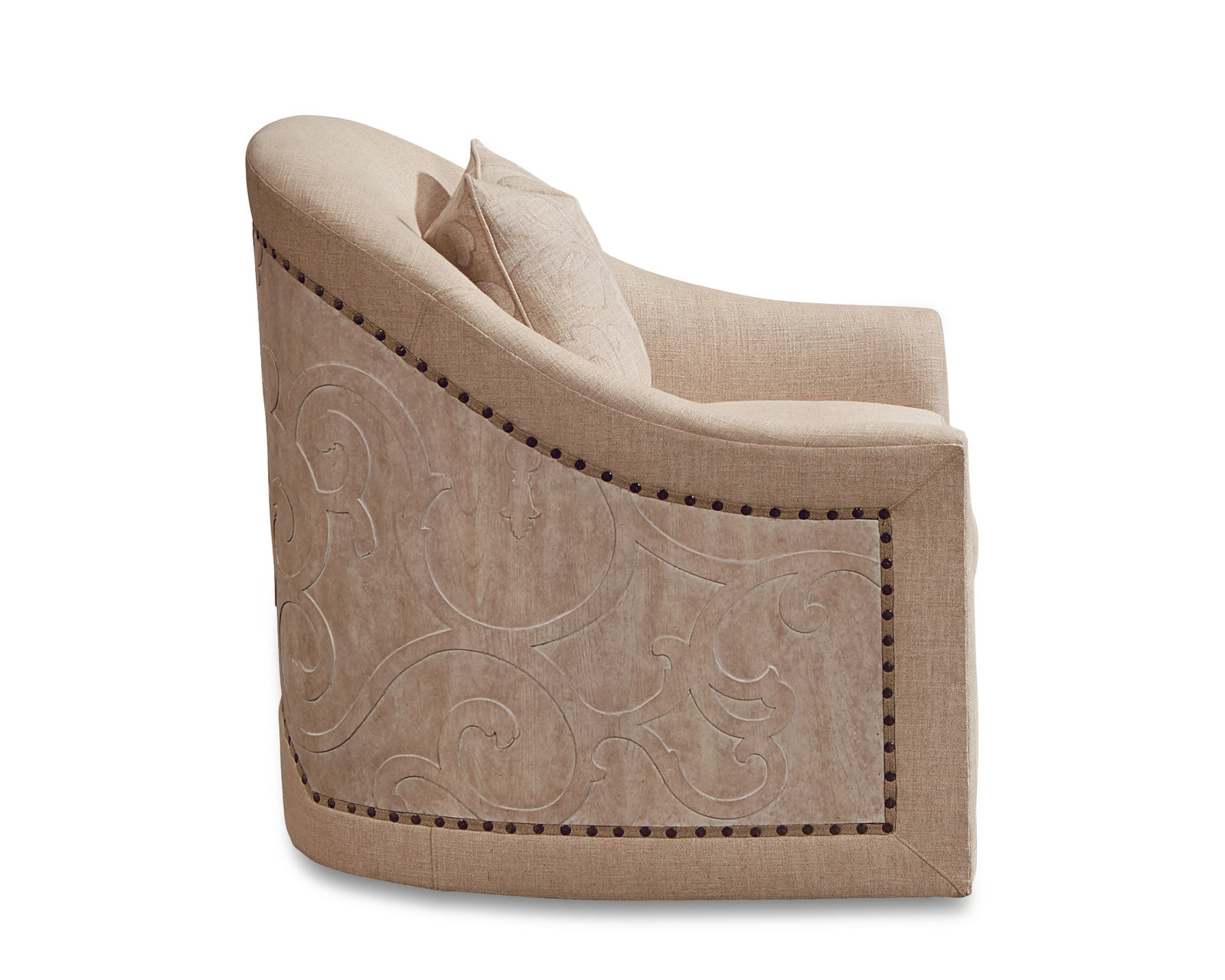Arch Salvage Coulter Swivel Chair - Encased in a carved bentwood shell and detailed with contrast gimp and nail head trim.