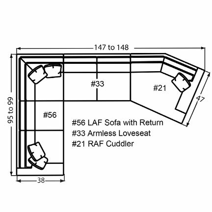Layout J: Three Piece Sectional 95" x 147" x 47" (Size varies due to arm selection)