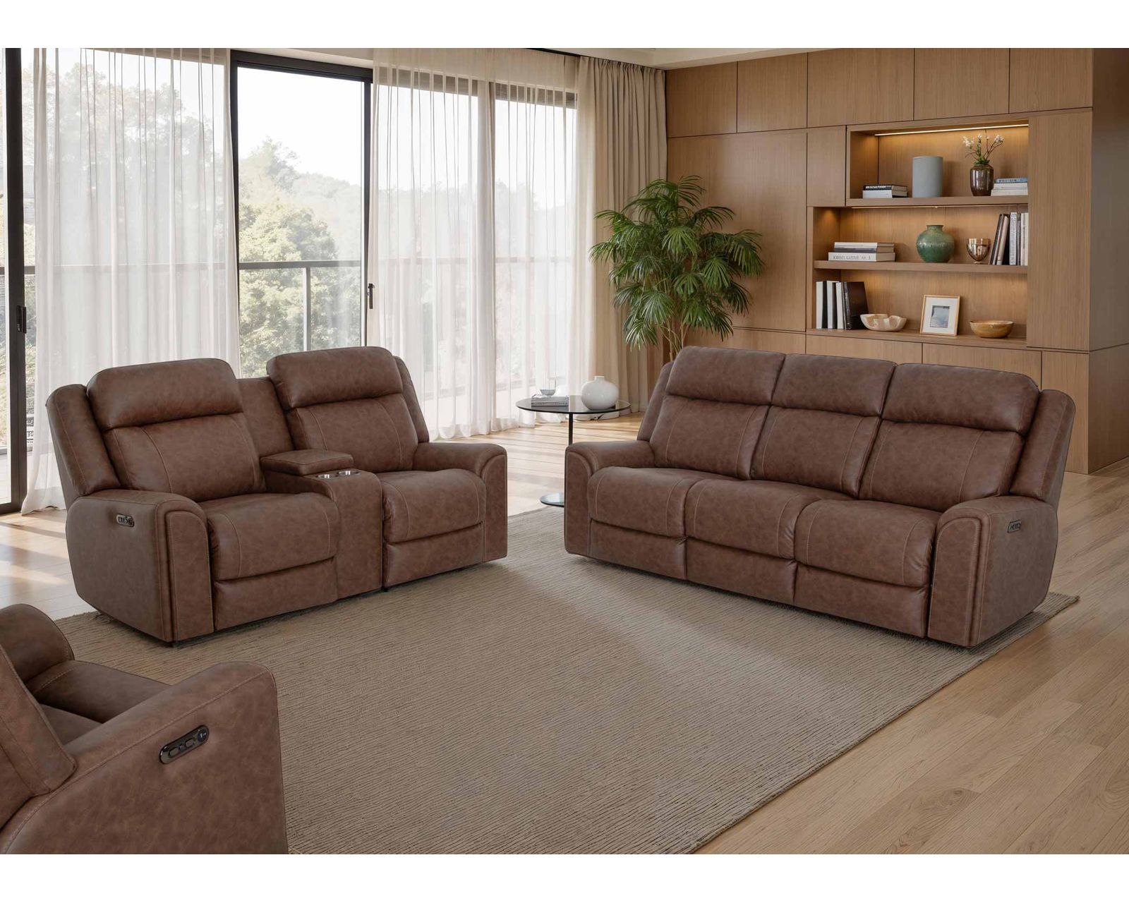 Parker 91" Reclining Sofa with Drop-Down Table & Cupholders Brown (Refined Style. Personalized Comfort. Available Neori™ Air Massage) - Where Strength Meets Comfort.