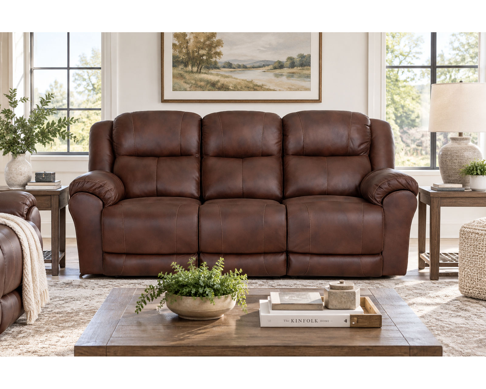 Croft 90" Reclining Sofa (Plush Comfort. Easy Reclining. Built for Everyday Living)  2 colors - Shown in Durable Leather Like Fabric Color Hickory