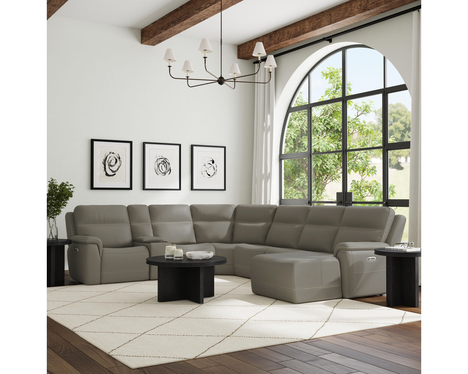 Sawyer Triple Power Reclining Sectional 009-01 (3 colors) In stock - Layout D: Seven Piece Reclining Sectional 125" x 142" (2 recliners)