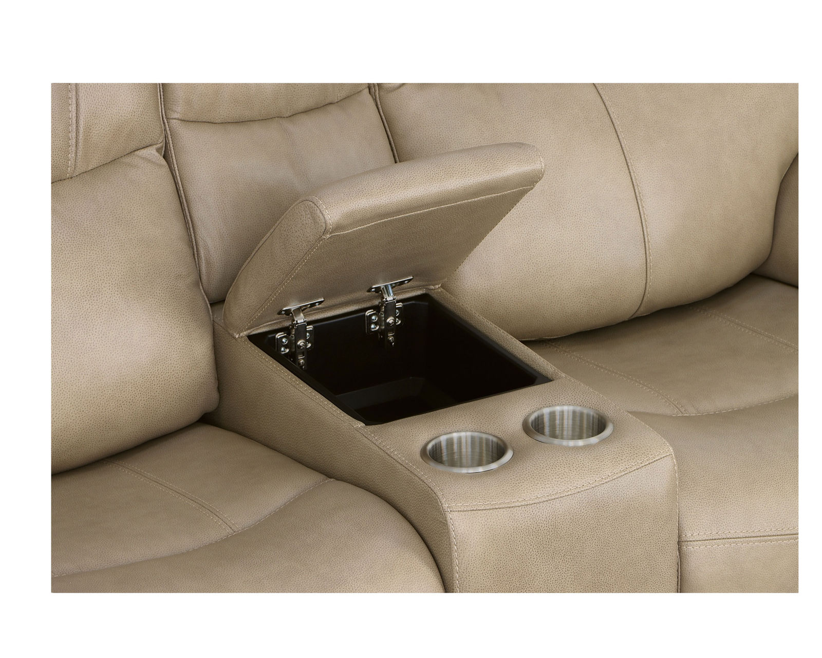 Crew Power Reclining Loveseat with Console, Power Headrests & Lumbar (Tan leather) in stock - Console features storage, cupholders and USB charging
