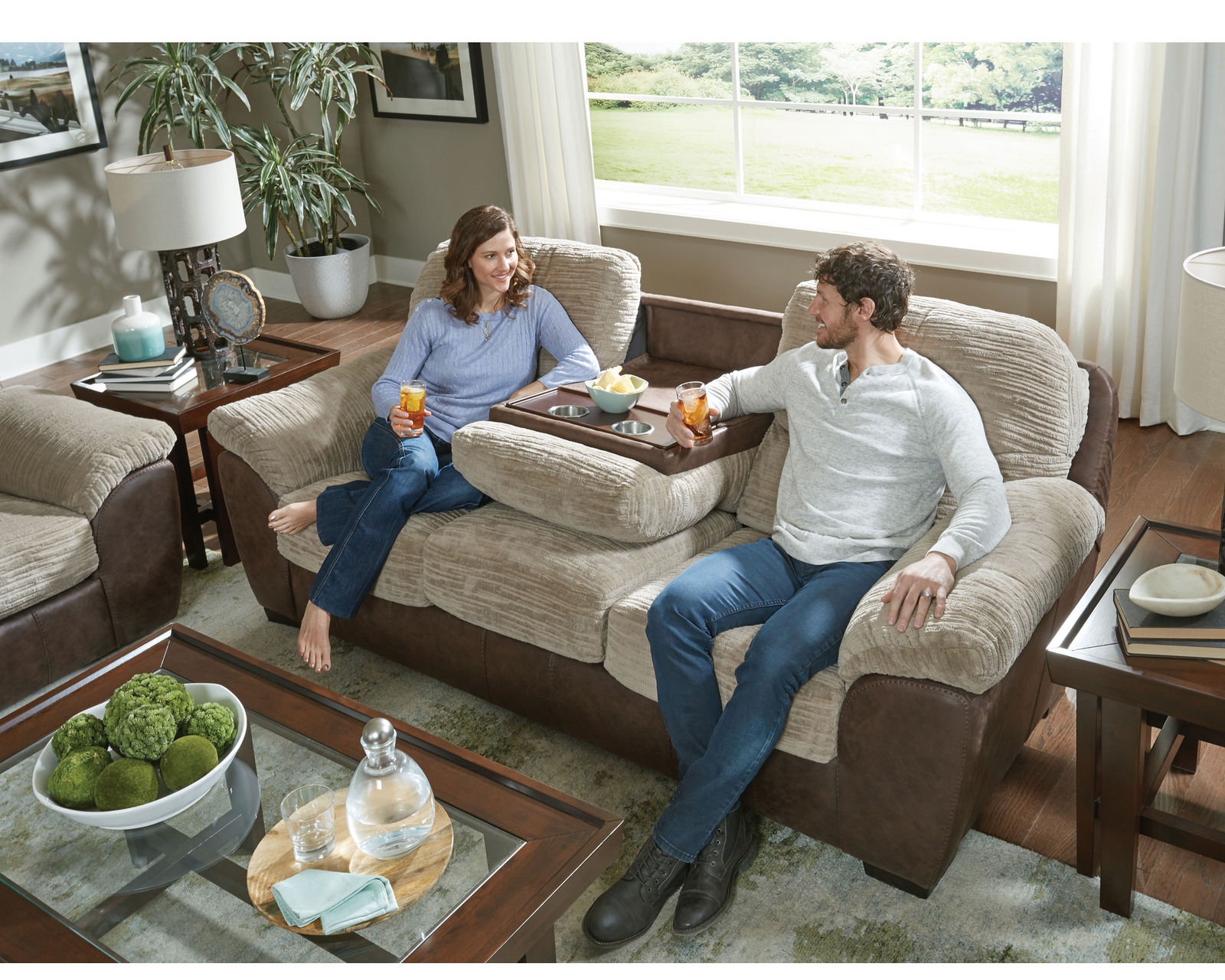 McMahon 96" Sofa with Drop Down Table (two tone polyester fabric) - Jackson McMahon 96" Sofa with Drop Down Table