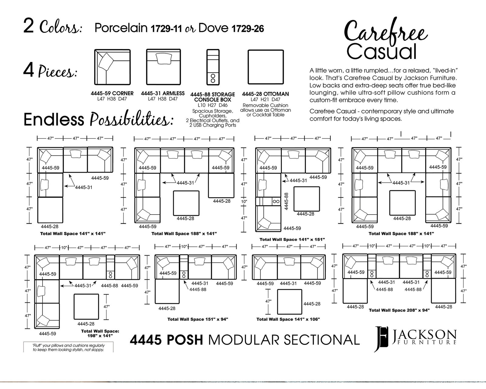 Posh Modular Sectional ( high performance fabric) includes pillows - 2 colors - Sectional Combinations