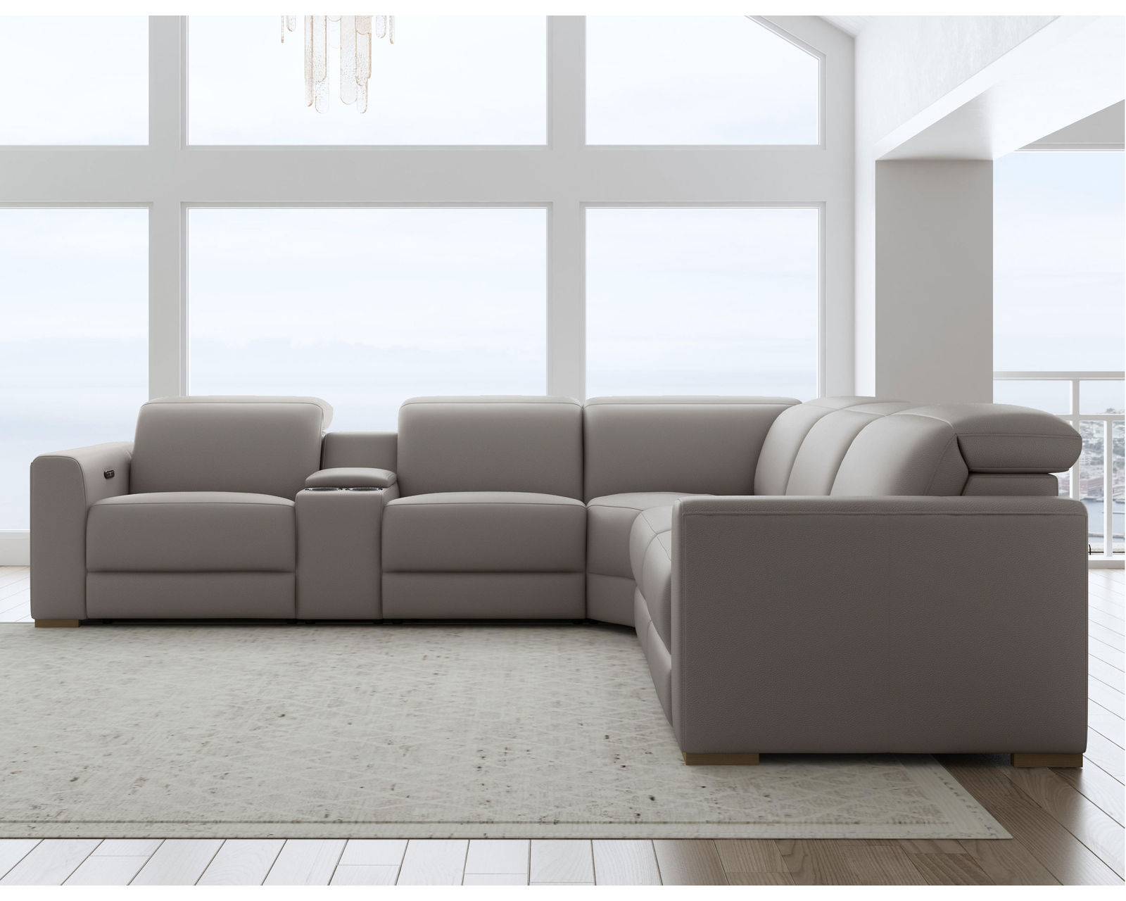 Aurora Leather Power Headrest Power Reclining Sectional (+2 colors) 749-01 - In stock - Layout B: Six Piece Reclining Sectional 134" x 121"