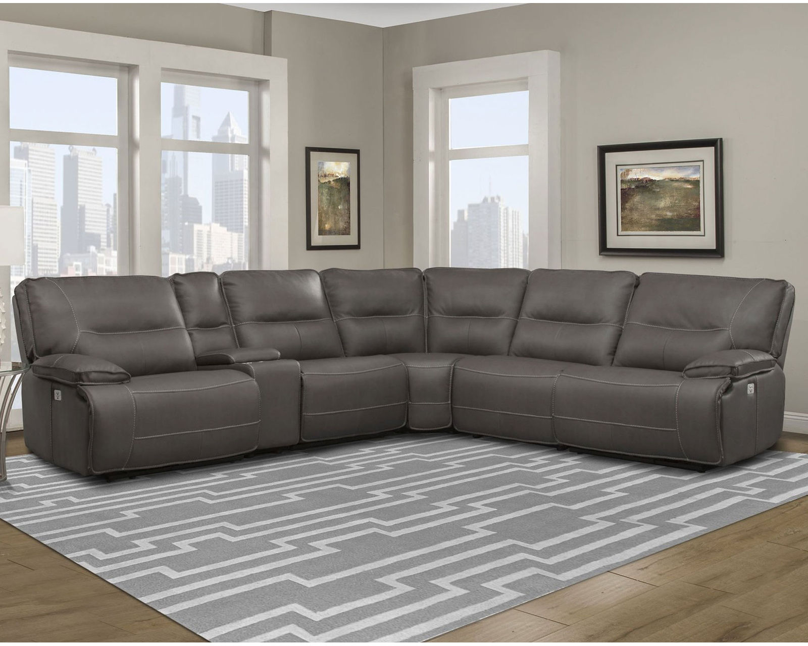 Spartacus Power Headrest Power Reclining Sectional Haze (Leather like fabric) In stock - Fast shipping - Layout B: Six Piece Reclining Sectional 133" x 120"