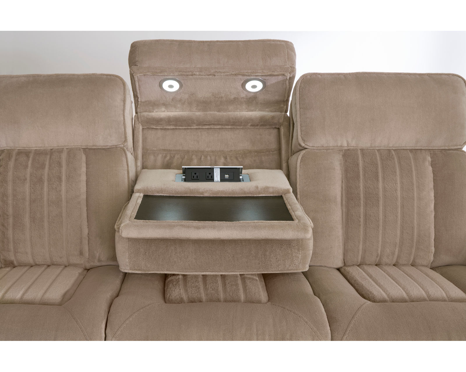 Equinox 85" Power Headrest Power Reclining Sofa w/ Drop Down Table Mushroom (In stock - Fast Shipping - Center drop down table with power, USB charging and lights
