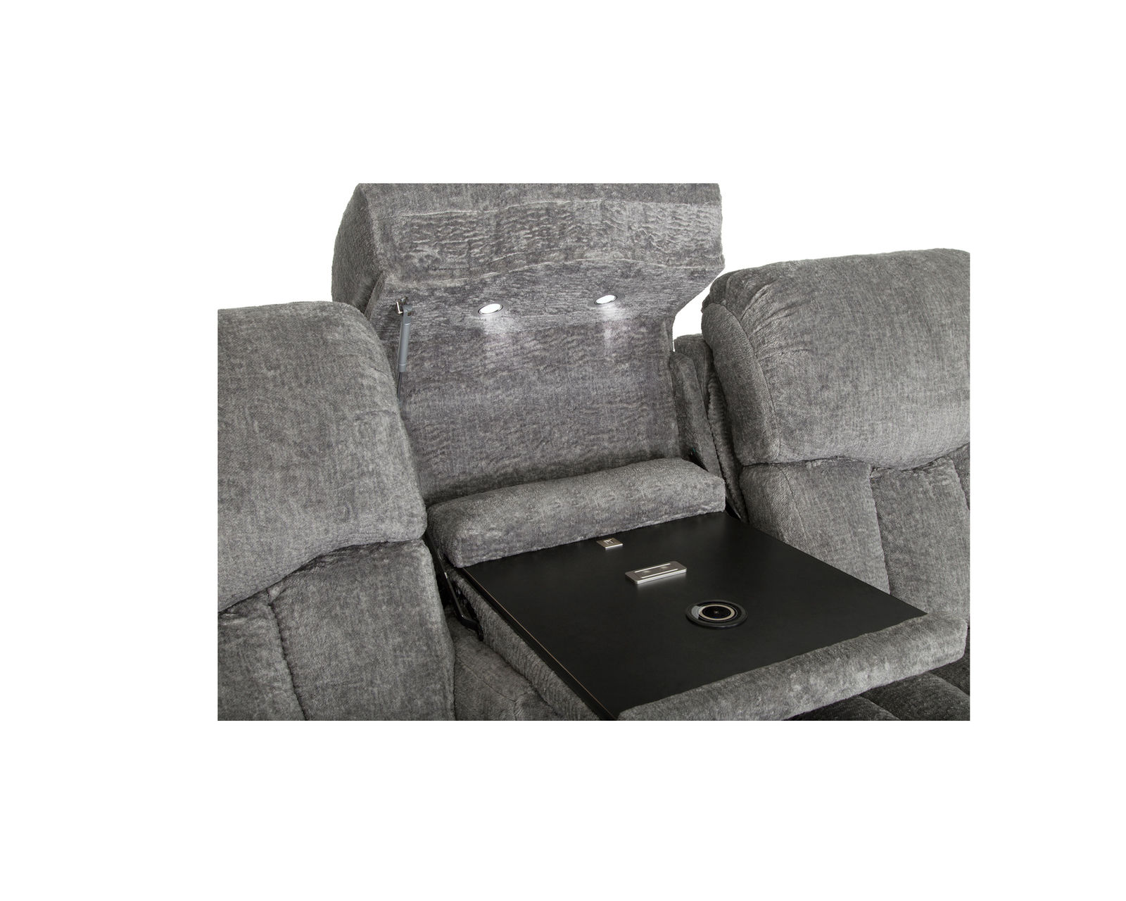 Denali 90" Power Reclining Sofa with Fold Down Table, Lights, USB, Wireless Charging, Dual Arm Storage, Massage, Cupholders & Drawer (+3 colors) - Includes Lighted Center Console with Dropdown Table