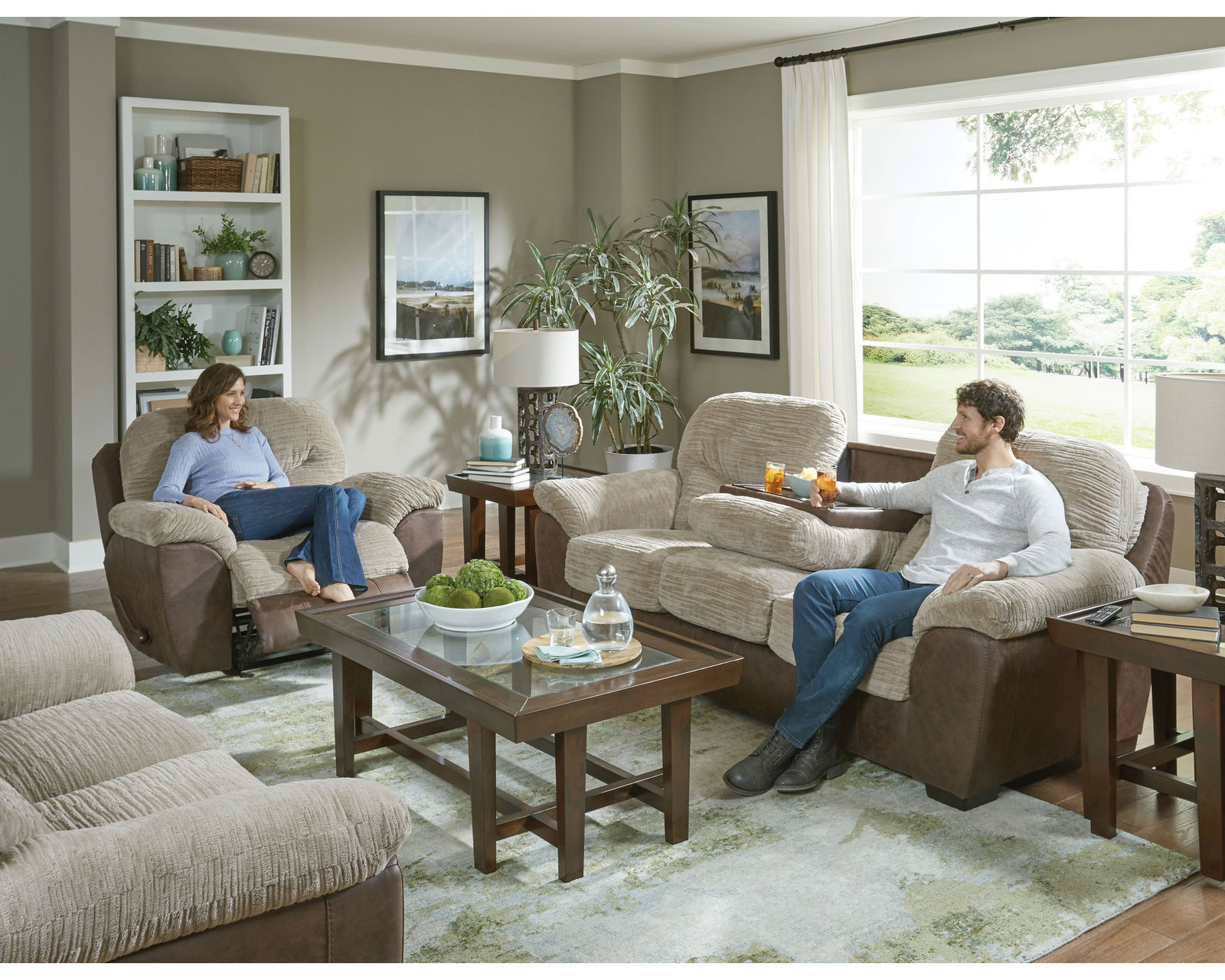 McMahon 96" Sofa with Drop Down Table (two tone polyester fabric) - Jackson McMahon Glider Recliner 
