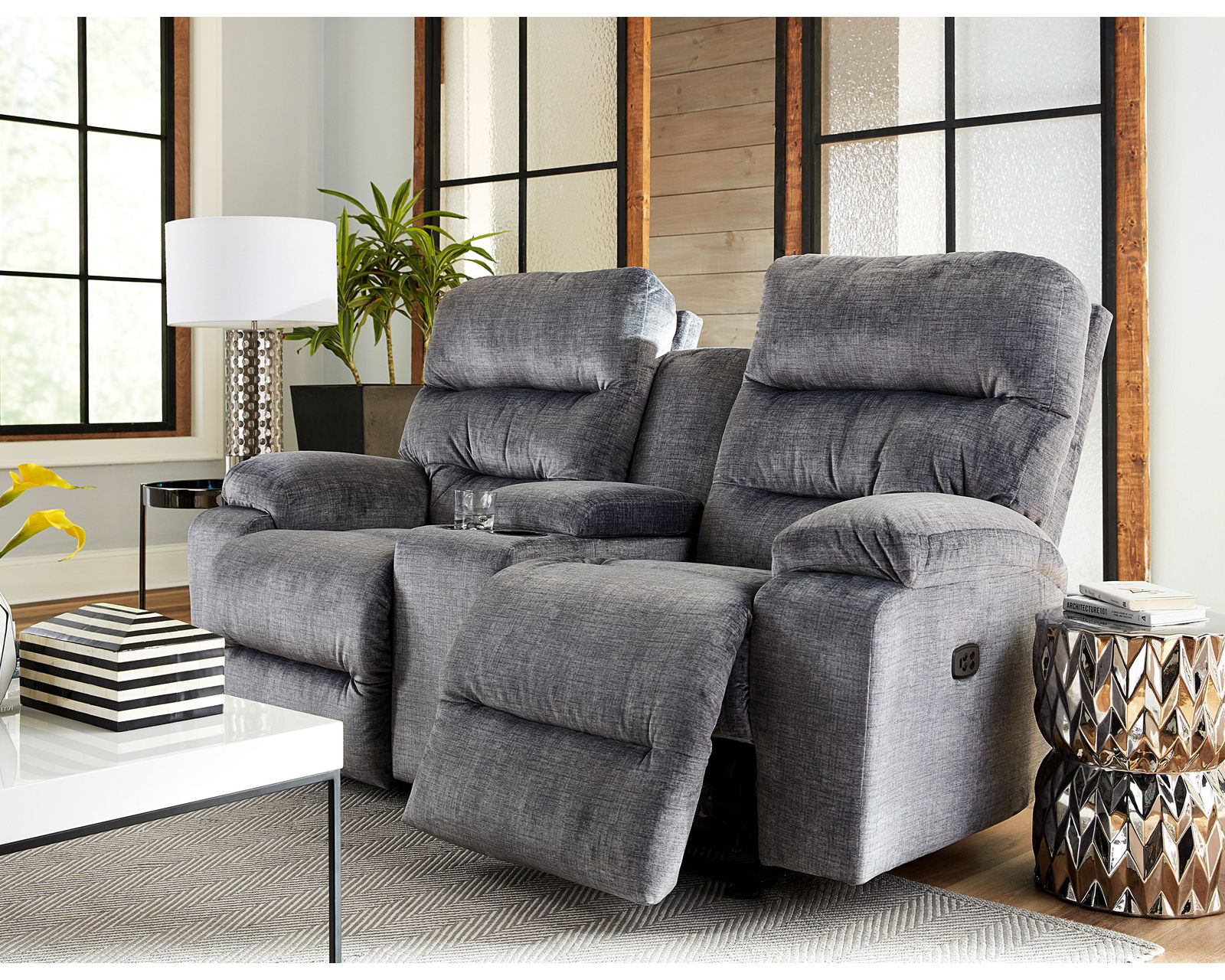 Ryson Double Reclining Console Loveseat (+100 fabrics) - Ryson Console Reclining Loveseat - Rocking Reclining Console Loveseat Available