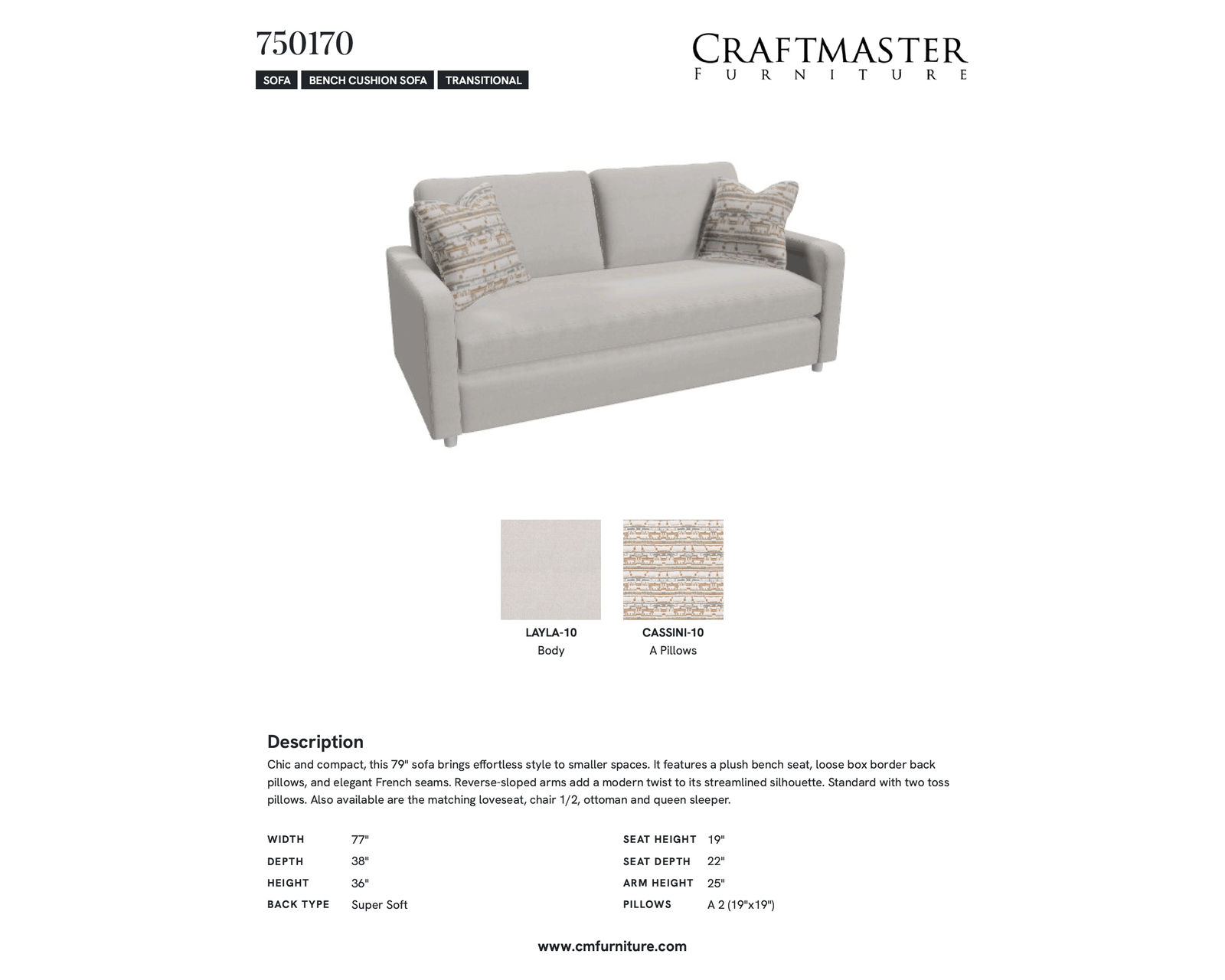 Layla 7501 Sofa (77") +100 performance fabrics - Specifications