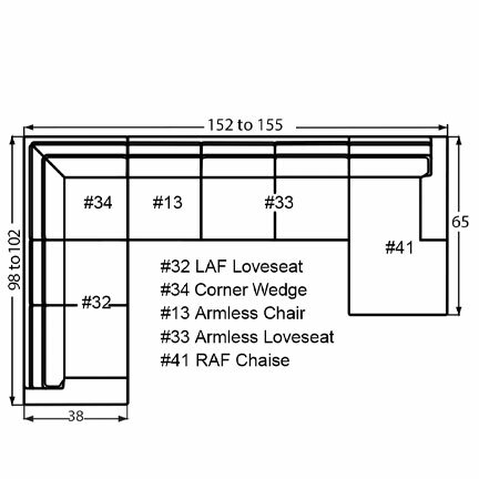 Layout L: Five Piece Sectional 98" x 152" x 65" (Size varies due to arm selection)
