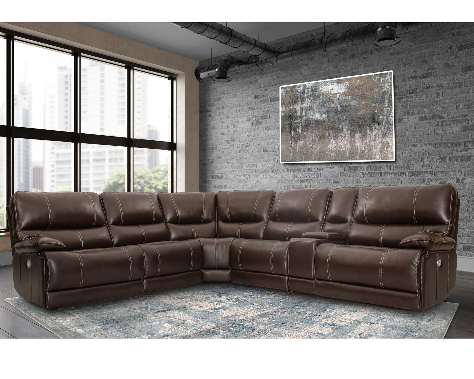 Shelby Power Headrest Power Reclining Sectional in Cabrera Cocoa (Leather like fabric) - Sectional Layout B: Shelby 6 Piece Power Headrest Power Reclining Sectional in Cabrera Cocoa