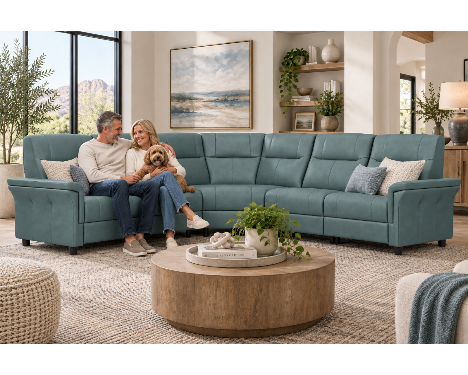 Melbourne Power Headrest Power Reclining Sectional (In Stock) Modern Scandinavian Style. Power Comfort Made for Living - Shown in Top Grain Leather Color Trend Ocean