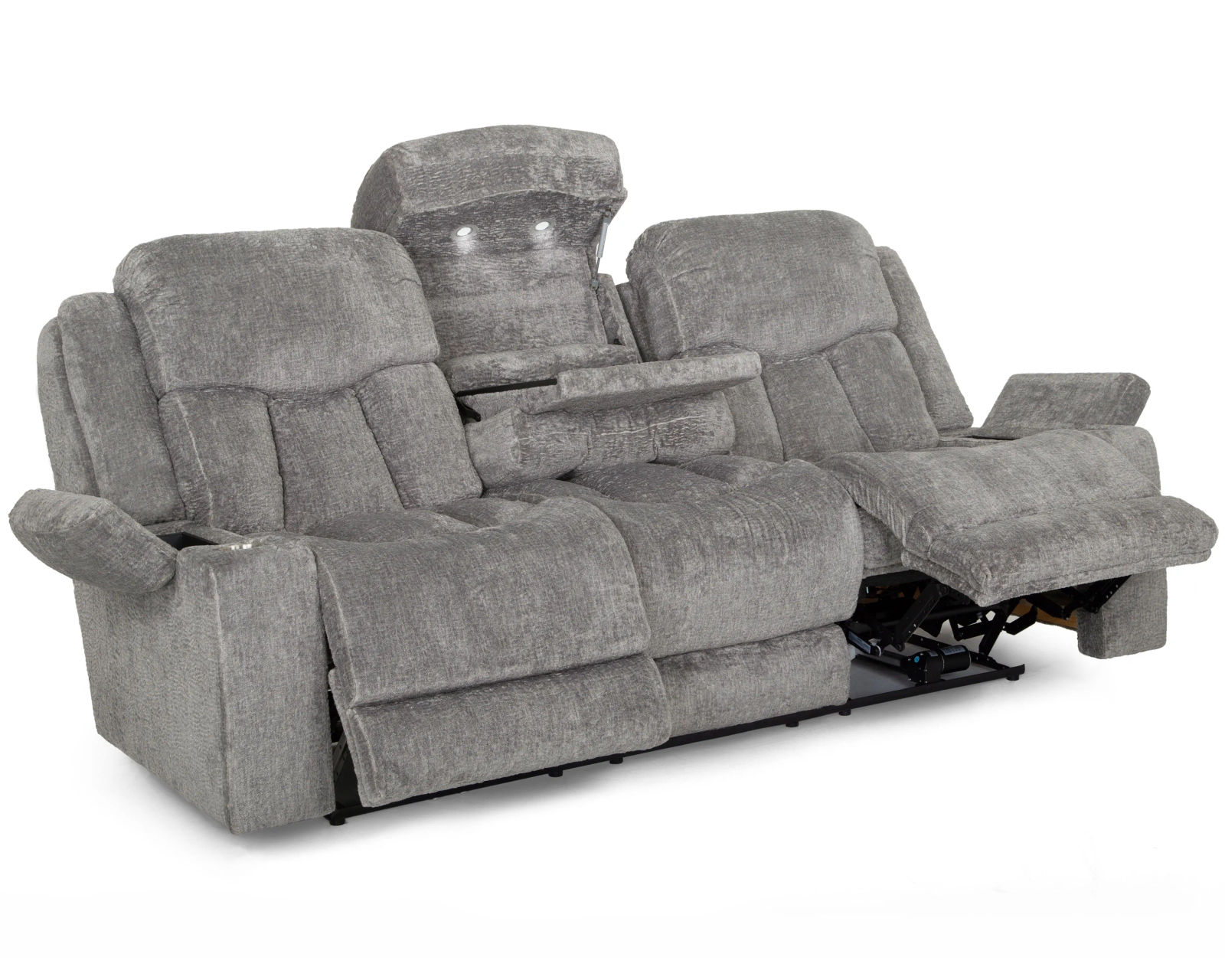 Denali 90" Power Reclining Sofa with Fold Down Table, Lights, USB, Wireless Charging, Dual Arm Storage, Massage, Cupholders & Drawer (+3 colors) - Ash Fabric