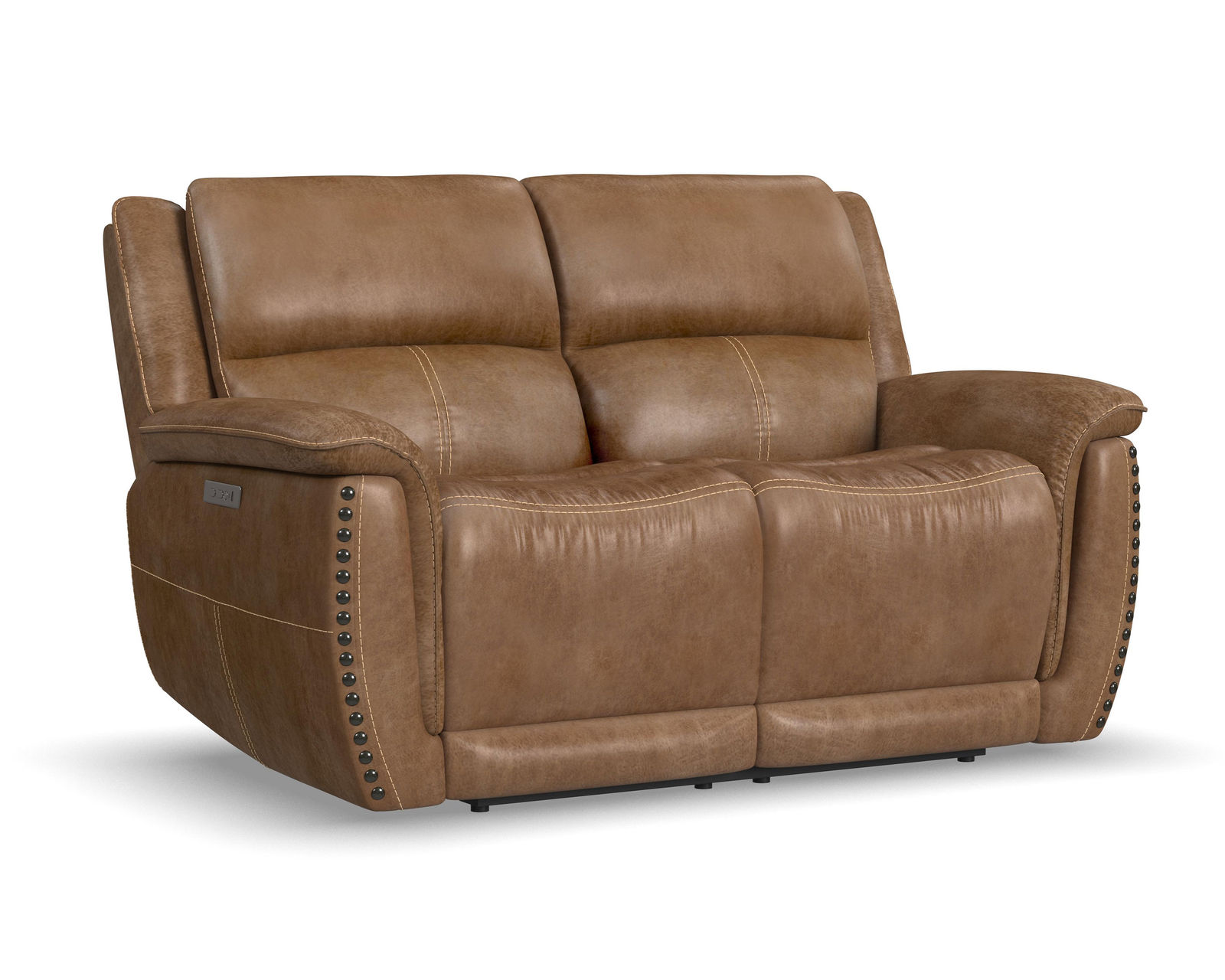 Beau 1011 Power Headrest Power Reclining Console Loveseat (Caramel faux leather fabric) in stock - Beau Power Reclining Loveseat with Power Headrests