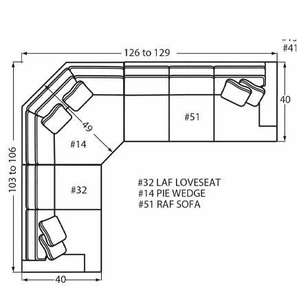 Layout N: Three Piece Sectional 103" x 126" (Size varies due to arm selection)