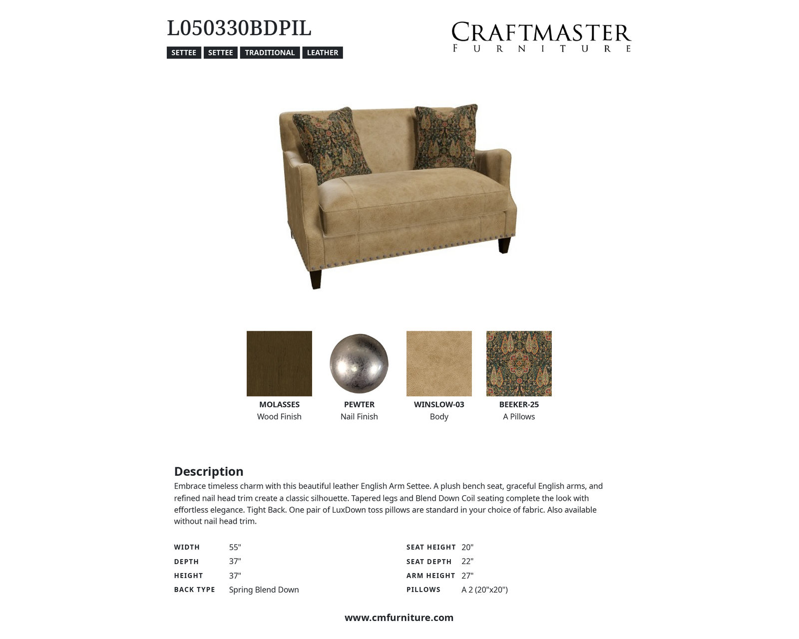 Cotswold L0503 Leather Settee (+40 leathers) - Specifications