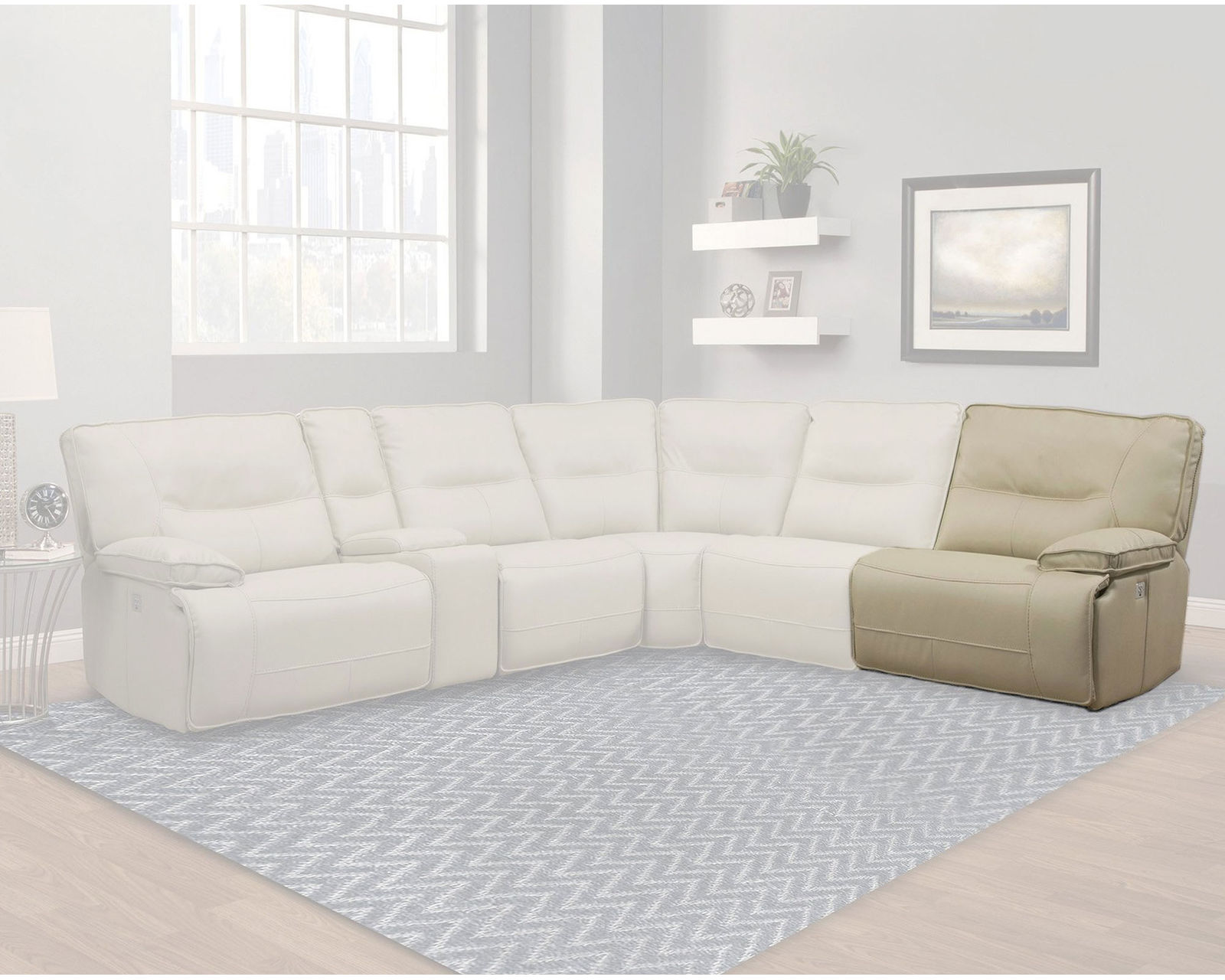Spartacus Power Headrest Power Reclining Sectional Oyster (Leather like fabric) In stock - Fast shipping - Right Arm Facing Power Recliner with Power Headrest