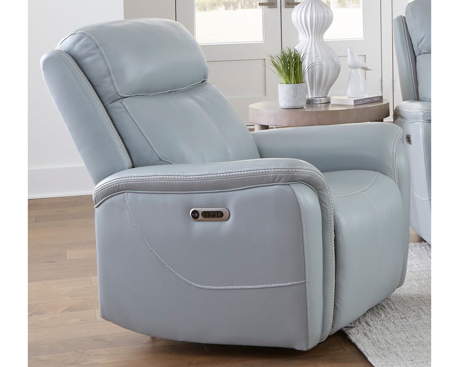 Cascade 83" Power Headrest Power Leather Reclining Sofa Seamist (In stock - Fast Shipping) - Cascade Power Headrest Power Recliner