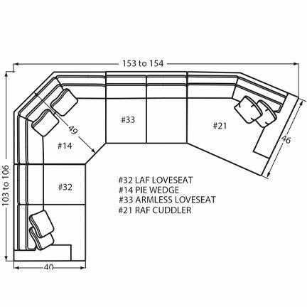 Layout P: Four Piece Sectional 103" x 153" (Size varies due to arm selection)