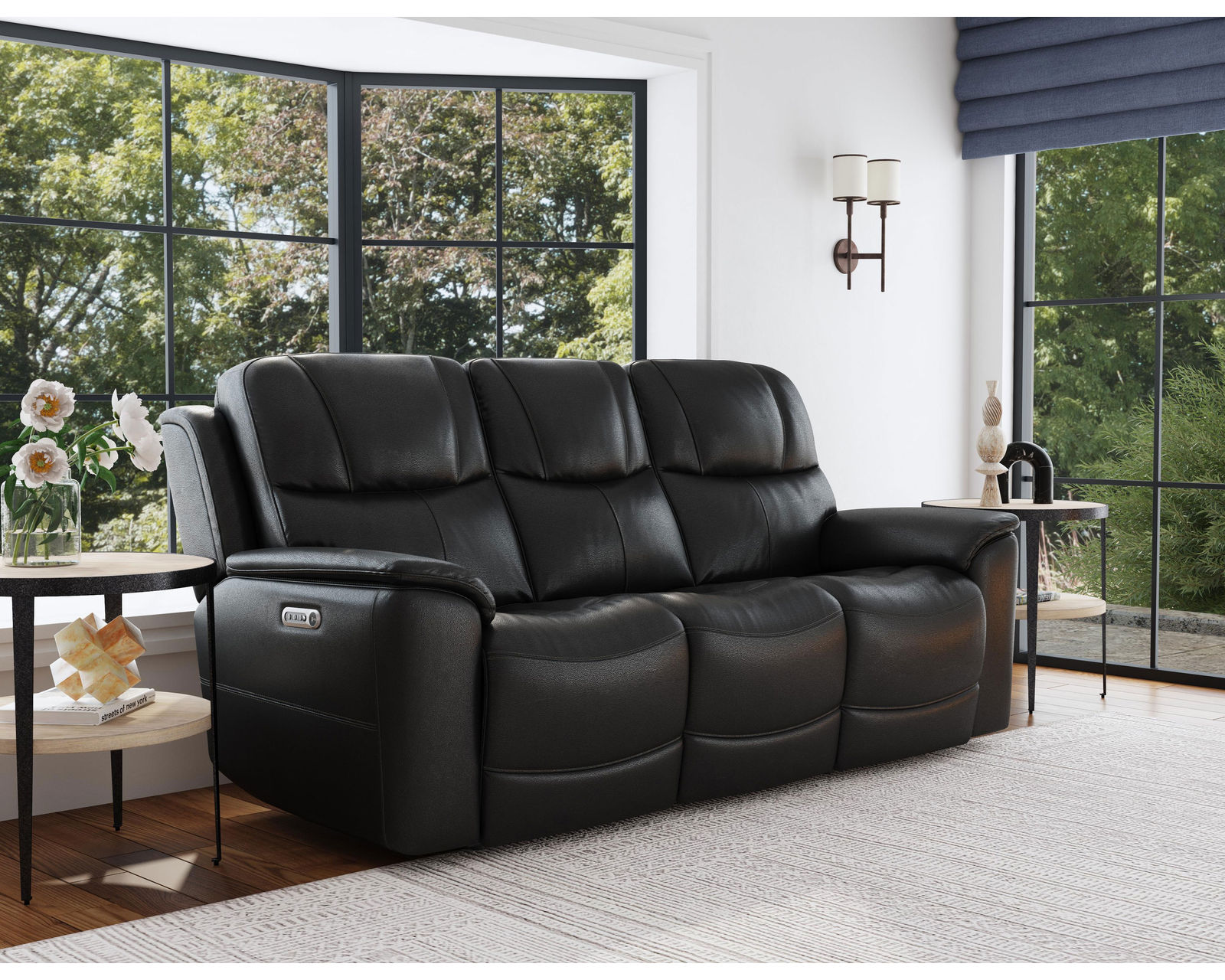 Crew Power Reclining Loveseat with Console, Power Headrests & Lumbar (Black leather) in stock - Crew Power Reclining Sofa with Power Headrests & Lumbar