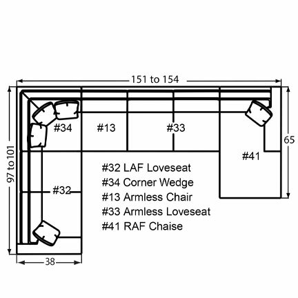 Layout L: Five Piece Sectional 97"x 151" 65" (Size varies due to arm selection)