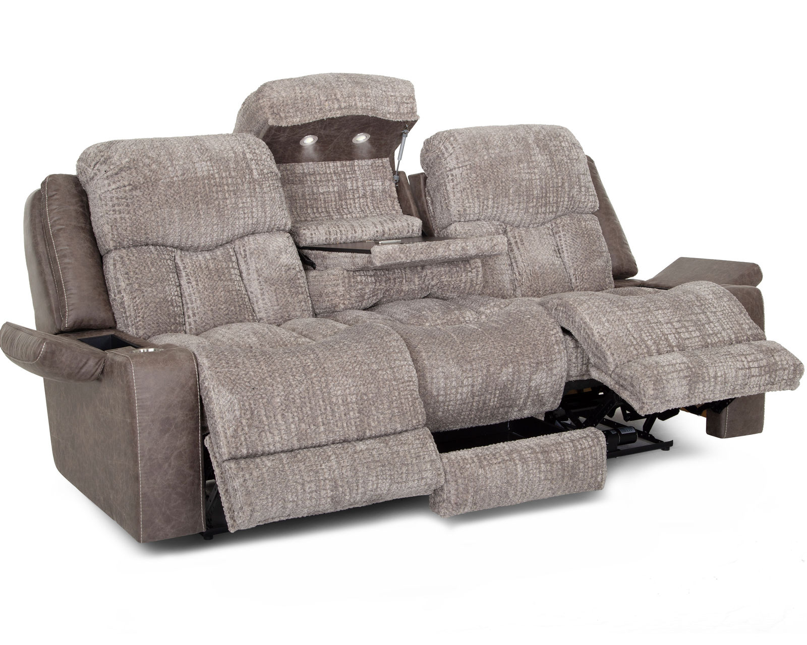 Denali 90" Power Reclining Sofa with Fold Down Table, Lights, USB, Wireless Charging, Dual Arm Storage, Massage, Cupholders & Drawer (+3 colors) - Two Tone Fabric