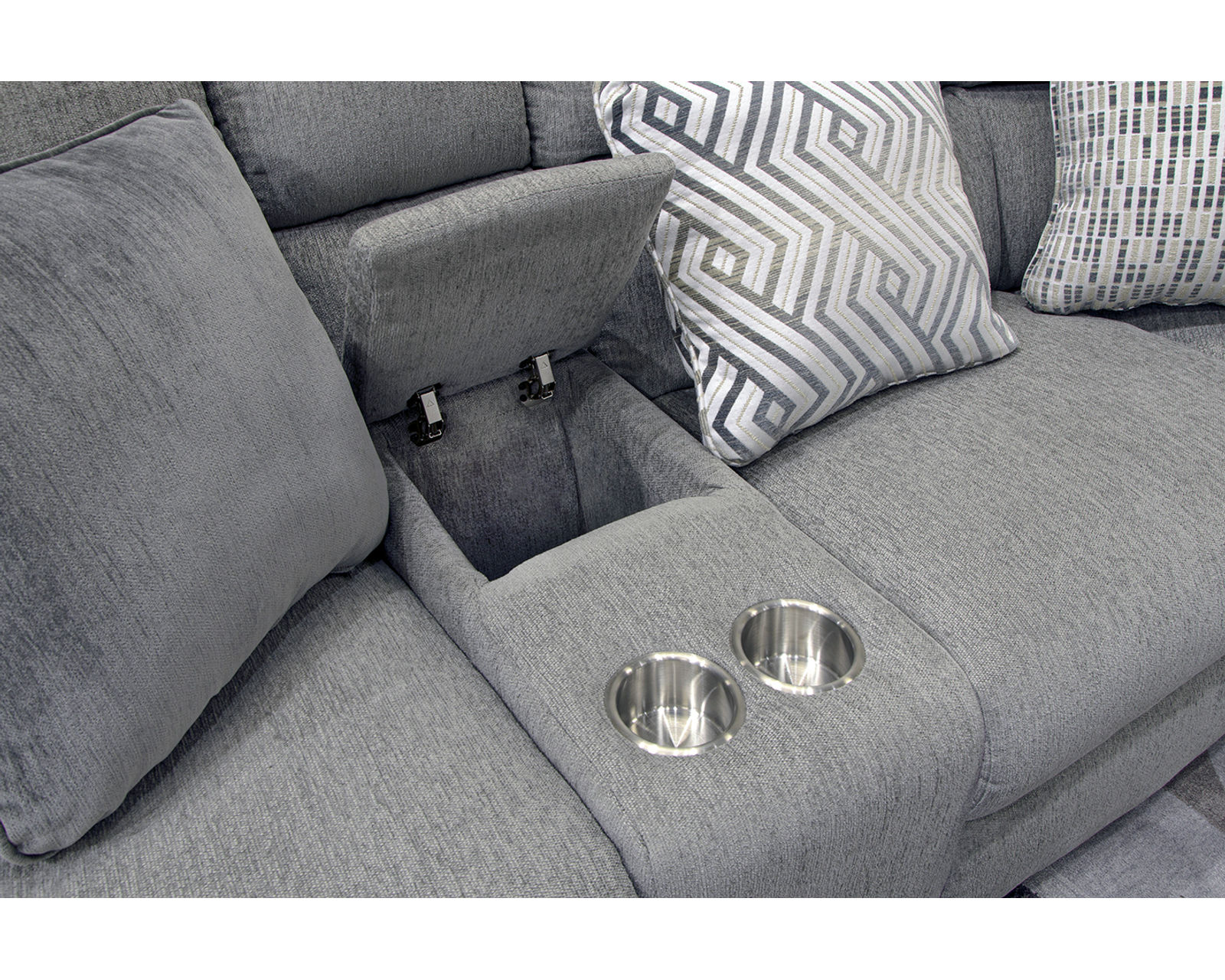 Sydney Modular Reclining Sectional with Power Recline Chaise (includes pillows) - Entertainment Console features Storage and Metal Cupholders
