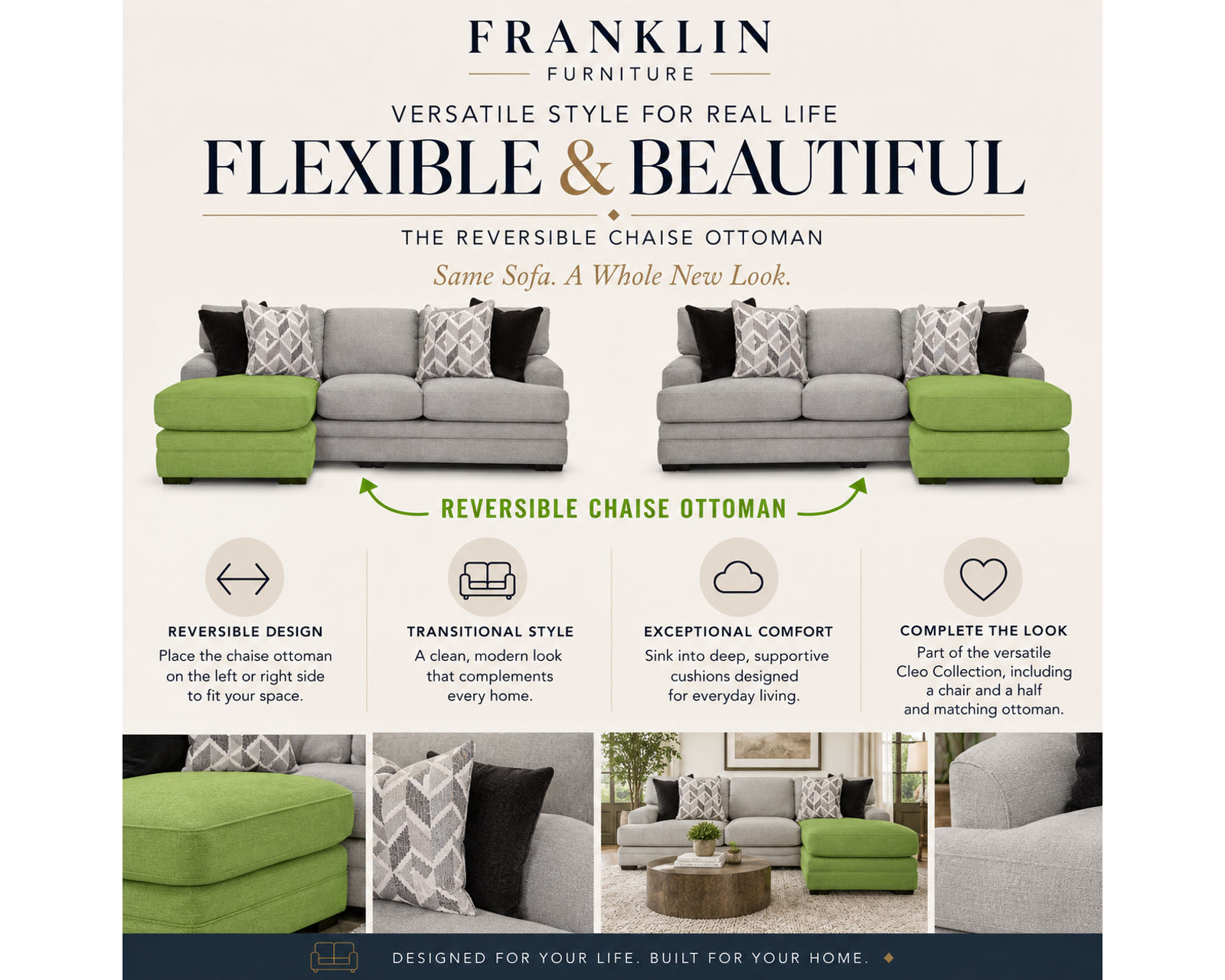 Cleo 99" Sofa with Reversible Chaise (Change the Chaise. Change the Room) - Reversible Chaise Can Be Place on the Left or right Side