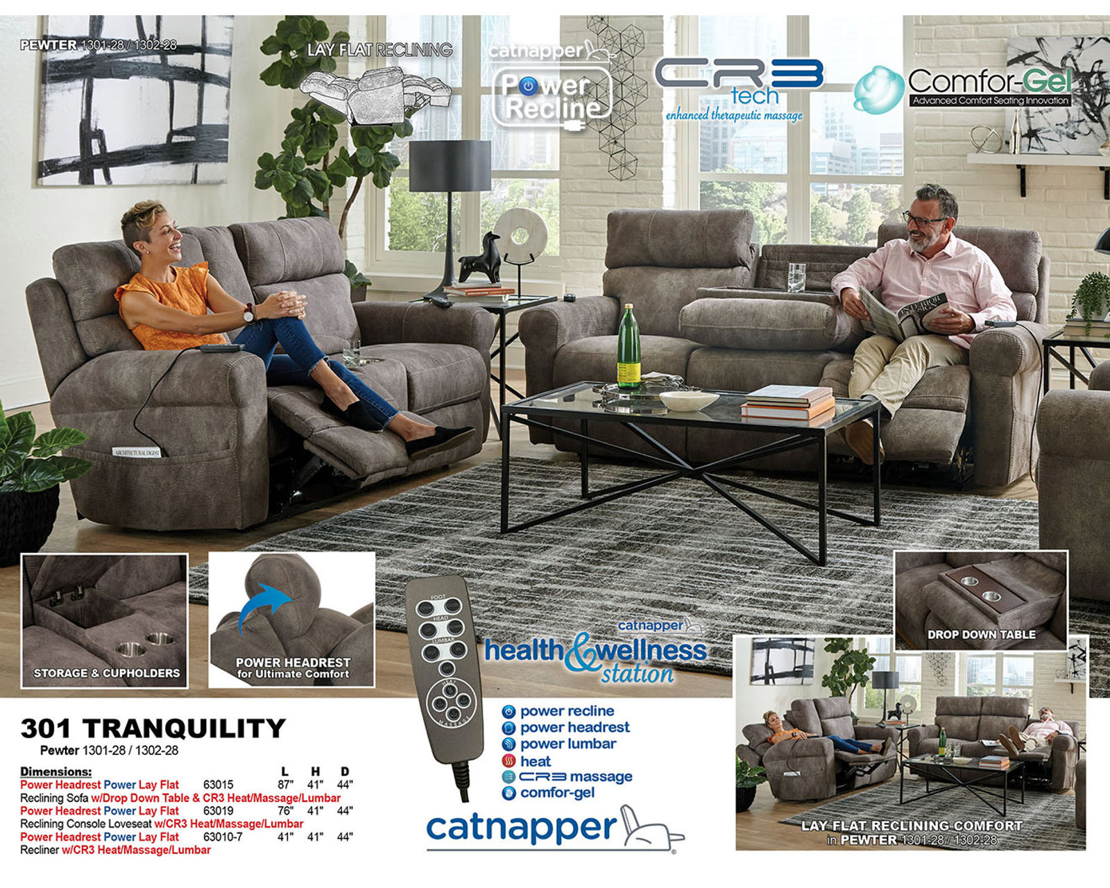 Tranquility 87" Power Reclining Lay Flat Sofa with Power Headrests, Deep Tissue Massage, Heat & Center Drop-Down Table (includes pillows)