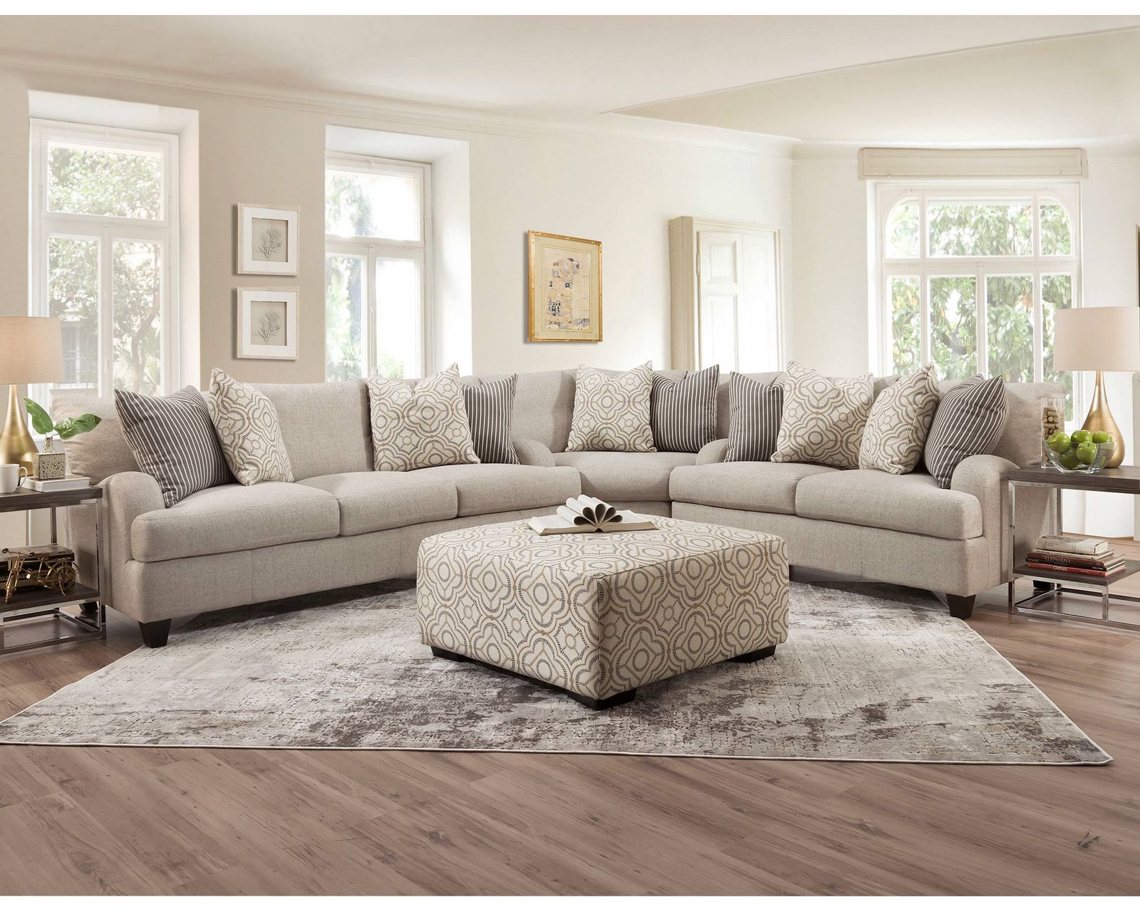 Cambria Three Piece Sectional (Modern Farmhouse Comfort. Made for Gathering) - Shown in Durable Polyester Fabric Color Moss