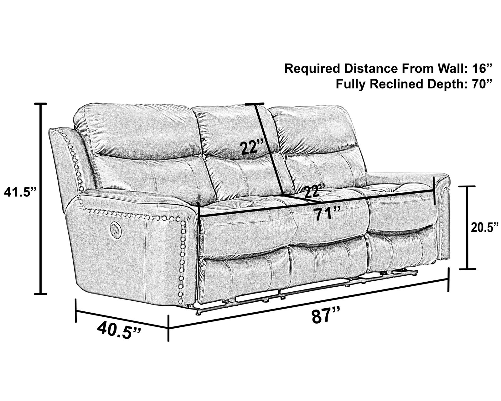 Ceretti 87" Italian Leather Brass Nail Head Power Reclining Sofa - Exceptional Comfort Starts Here.