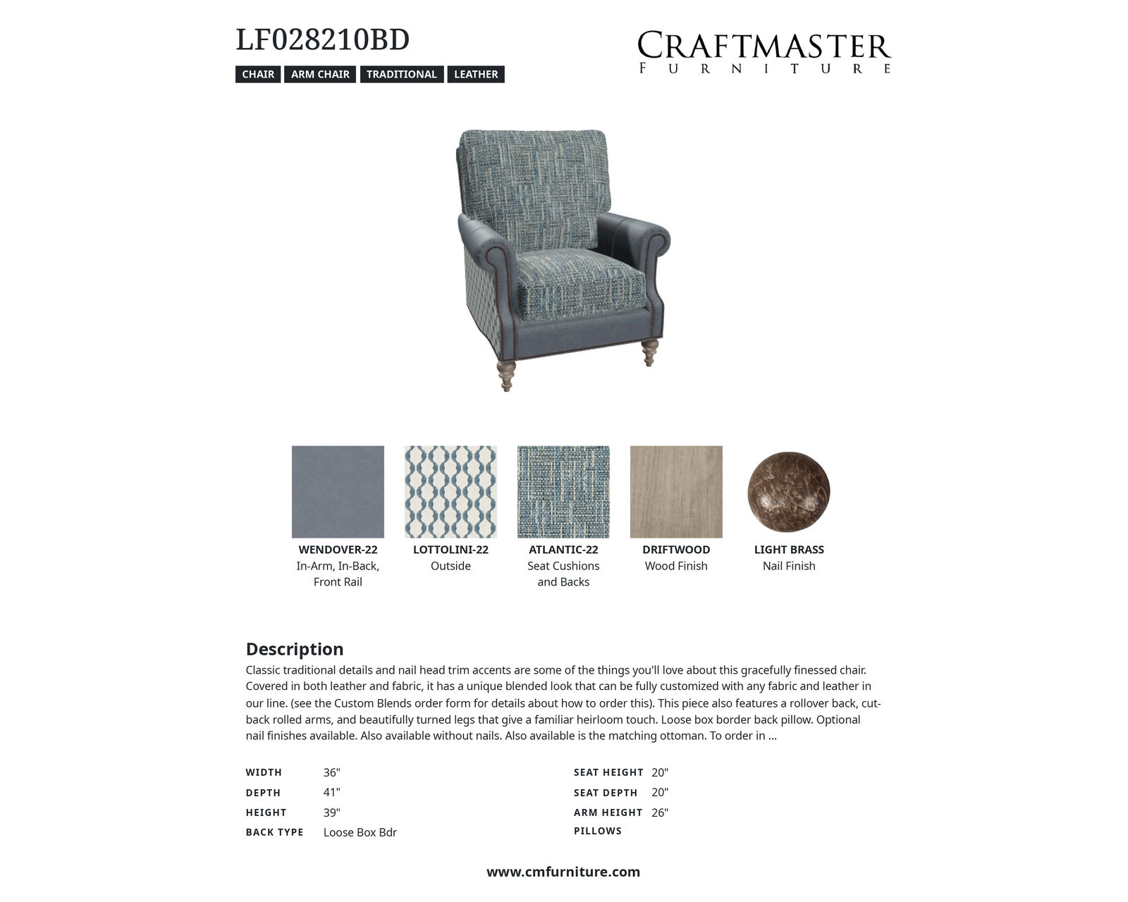 Wendover LF0282 Accent Chair (leather and fabric) - Specifications