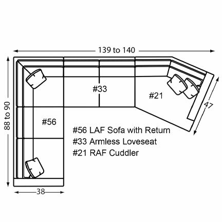 Layout H: Three Piece Sectional 88" x 139" (Size varies due to arm selection)