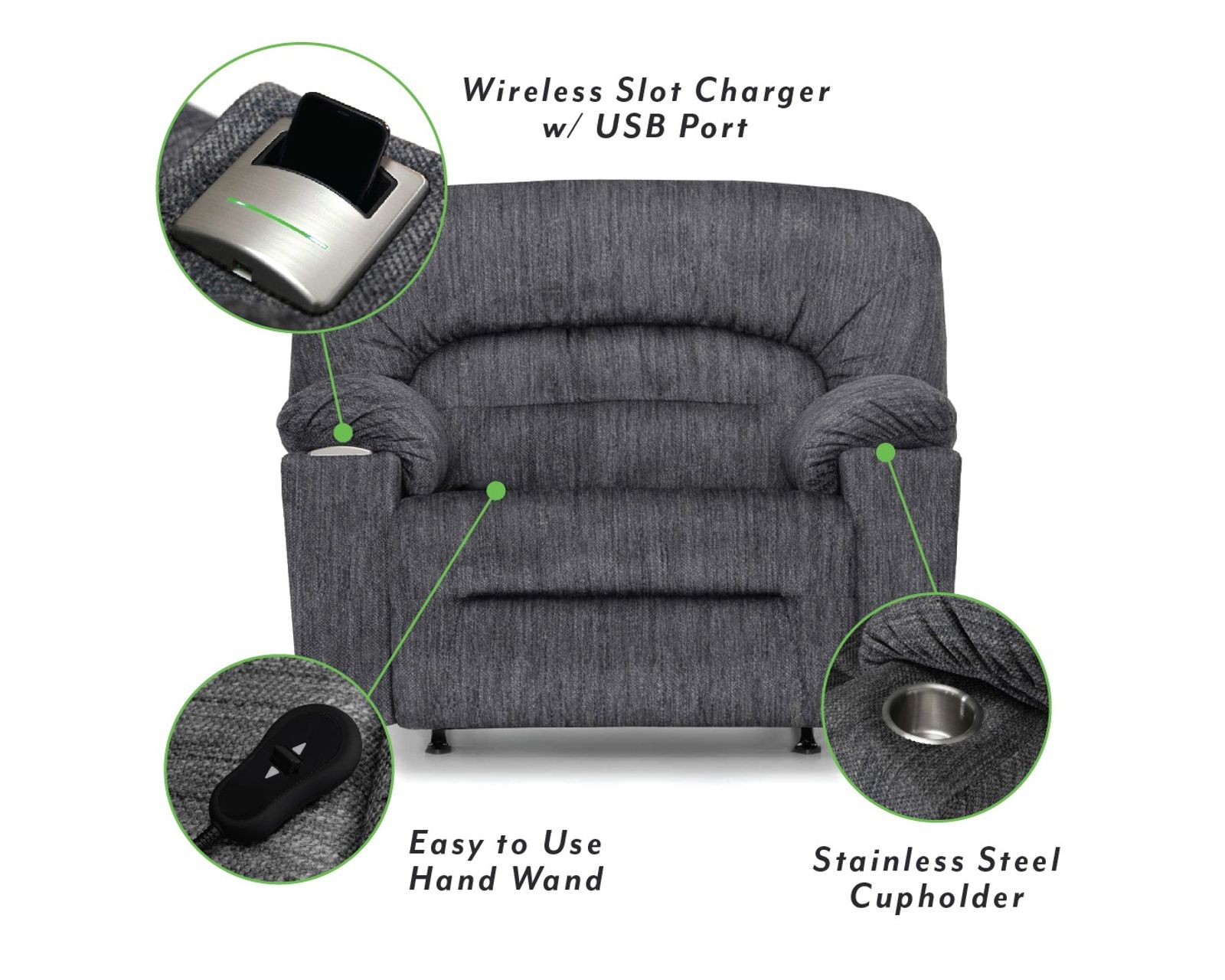 Gradin Extra Wide Power Rocker Recliner with Cupholder and Wireless Charging (2 colors) - Included Wireless Charging, Power Recline Cupholder and USB Charging