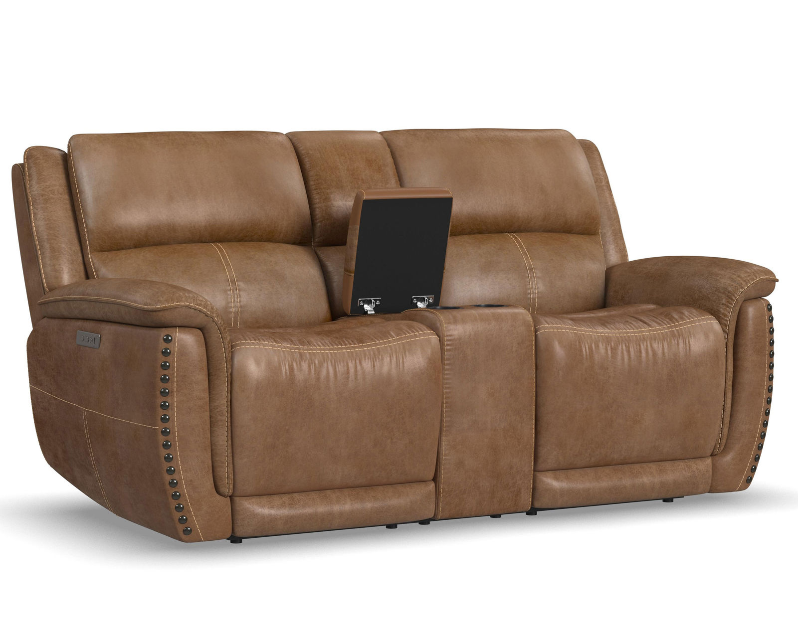 Beau 1011 Power Headrest Power Reclining Console Loveseat (Caramel faux leather fabric) in stock - 	Beau Power Reclining Loveseat with Console & Power Headrests