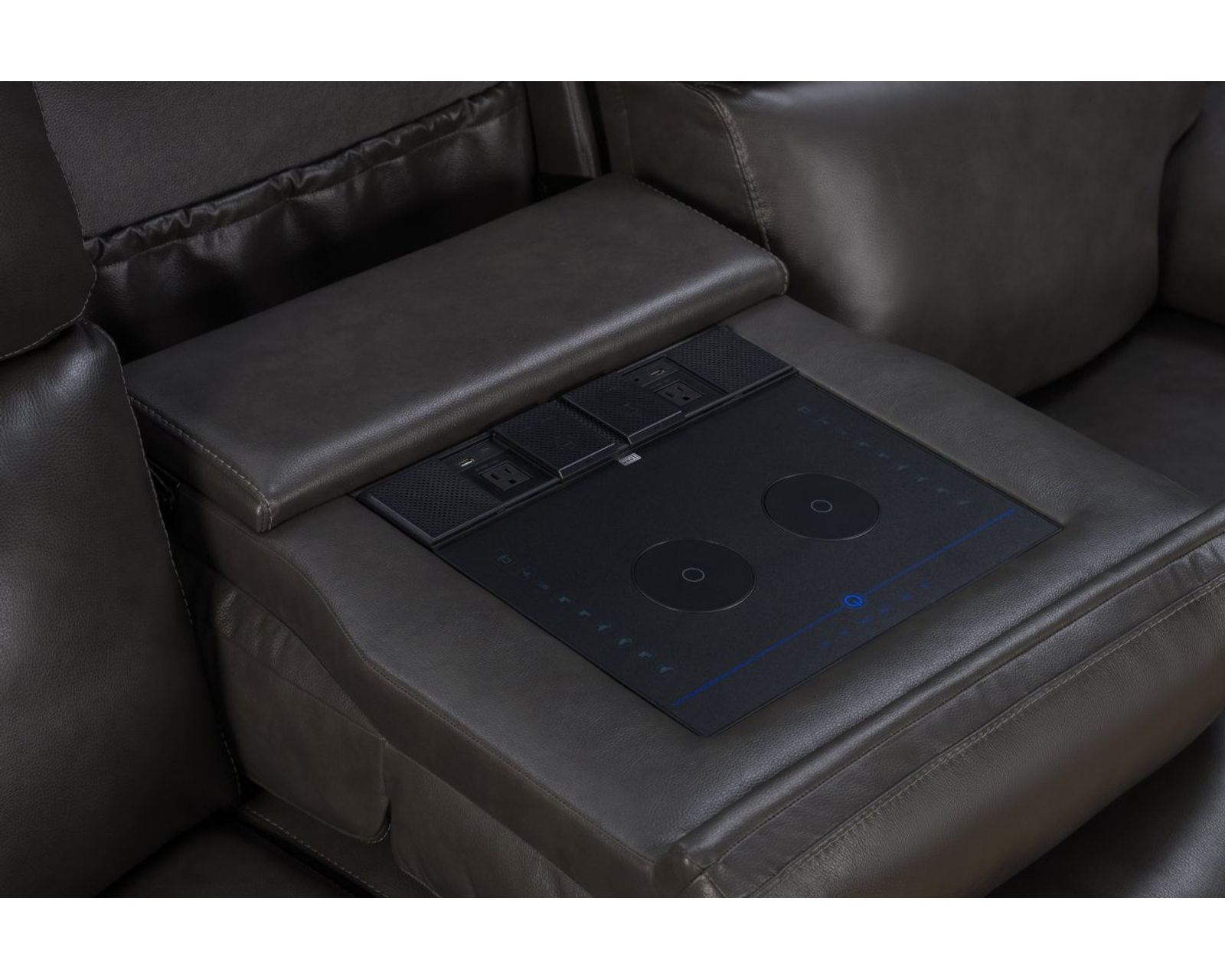 Leon 87" Power Reclining Sofa w/Power Head Rests, Power Lumbar, Heat & Massage (Dropdown Table w/Smart Tabletop Control) In stock