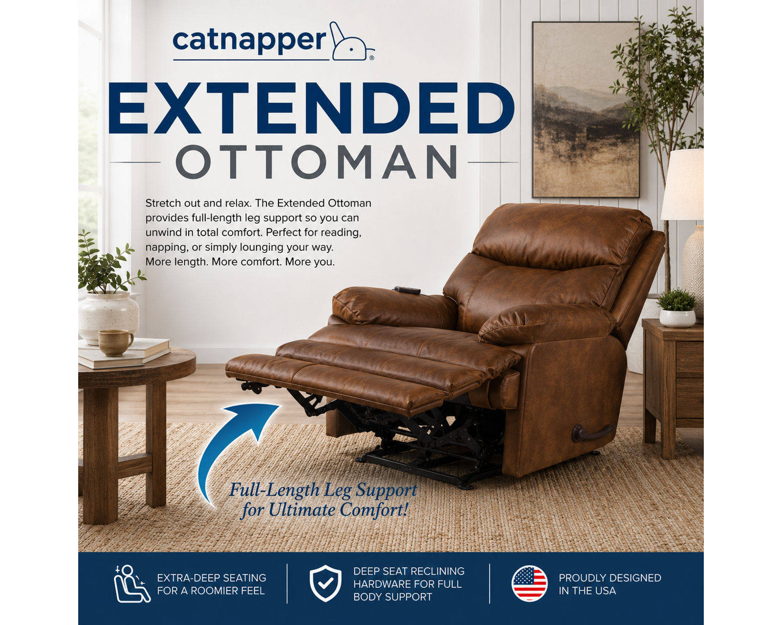  Rialto Chaise Rocker Recliner or Power Lay Flat Recliner Extended Leg Support (2 colors) - Extended Comfort from Head to Toe.